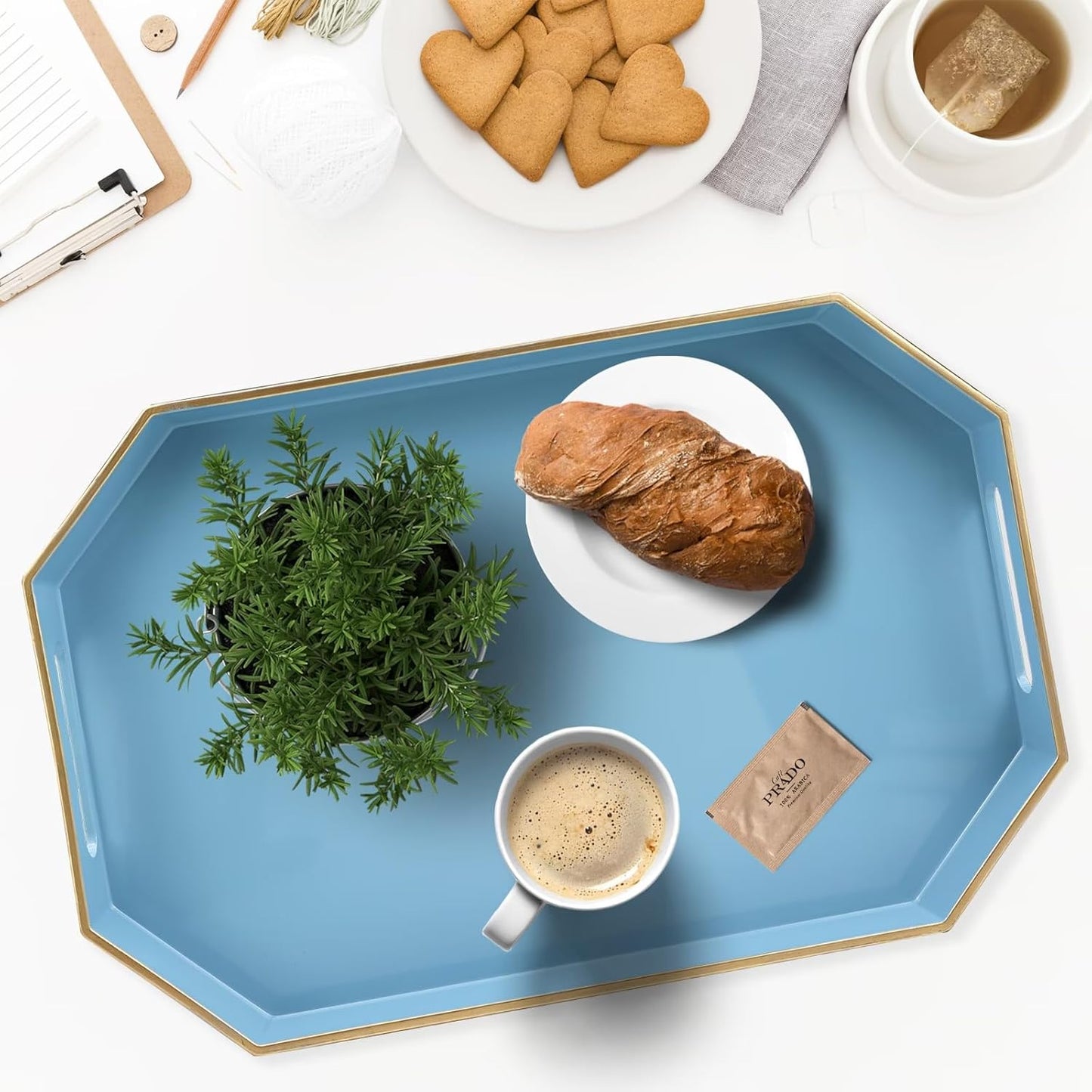 Spsyrine Blue Plastic Serving Tray for Ottoman, Coffee Table, Octagon Decorative Tray for Entertaining, Outdoor, Living Room, Home Decor