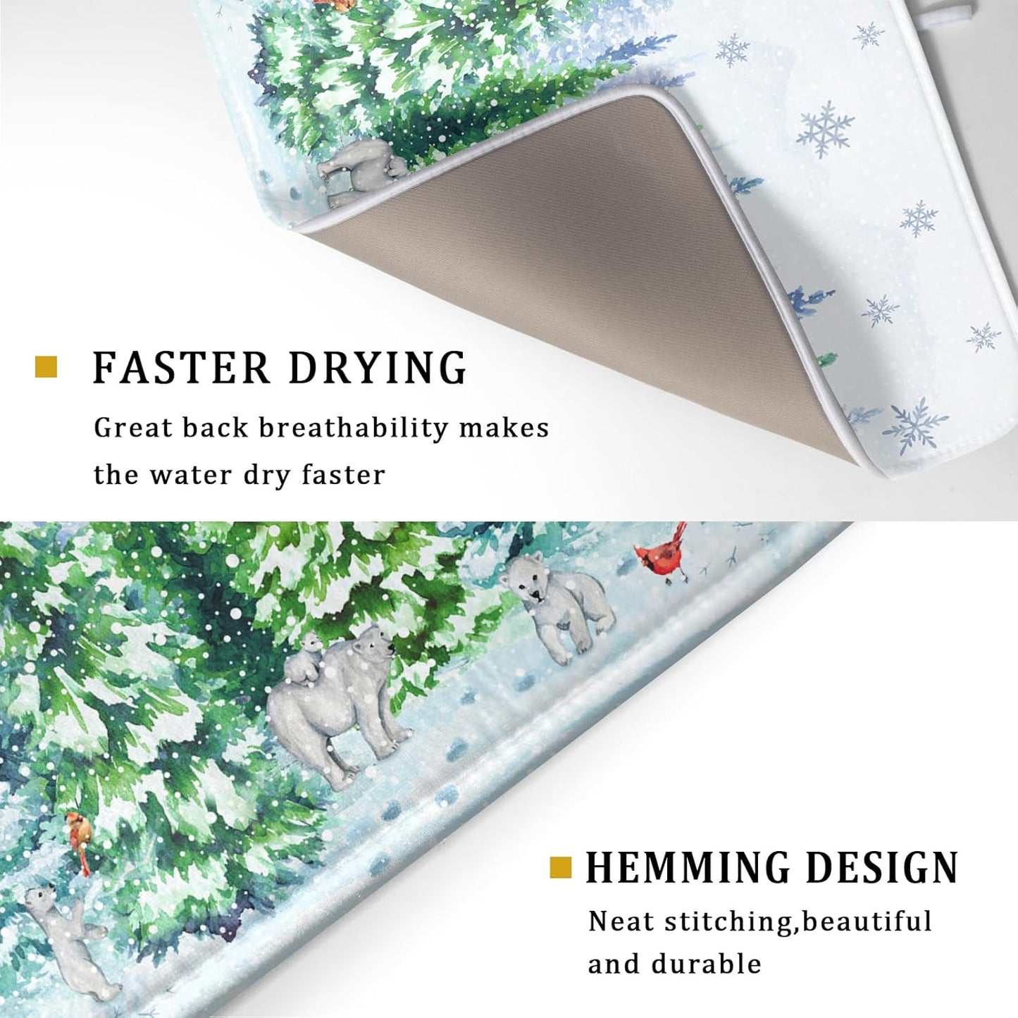 Winter Bear Bird Dish Drying Mat - Welcome Christmas Snowflake Drying Pad for Counter Forest Wildlife Dish Drainer Mat Cabin Animal Kitchen Accessories 18 x 24 Inch