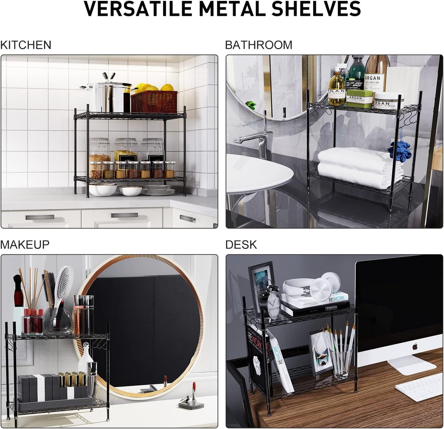 Spice Rack Organizer, Carbon Steel Seasoning Rack 2-Tier Spice Organizer for Cabinet, Adjustable Kitchen Countertop Organizer with Shelf Liner and Hooks for Kitchen Pantry Bathroom Office, Black