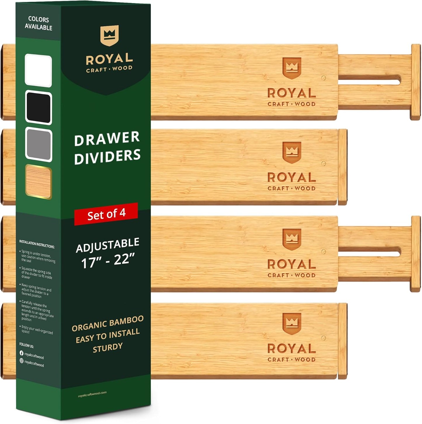 Drawer Divider and Organizer for Kitchen Organization - Adjustable Bamboo Drawer Dividers Organizers (17 - 22") - 4-Pack Expandable Drawer Organization Separators for Kitchen, Bedroom & More, Natural