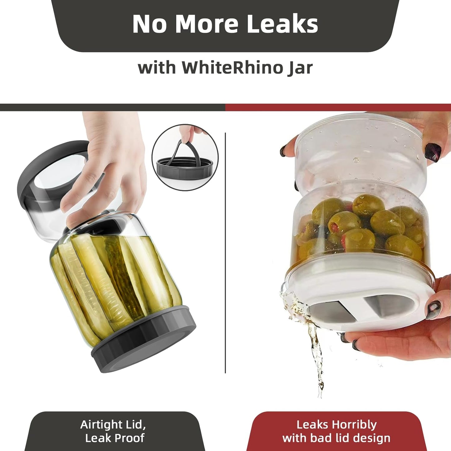 WhiteRhino Glass Pickle Jar with Strainer Flip,46oz longer Pickle Container,Hourglass Pickle Juice Separator Jar for Olives,Gherkins,Long cucumber or Sliced,Leakproof Dishwasher Safe