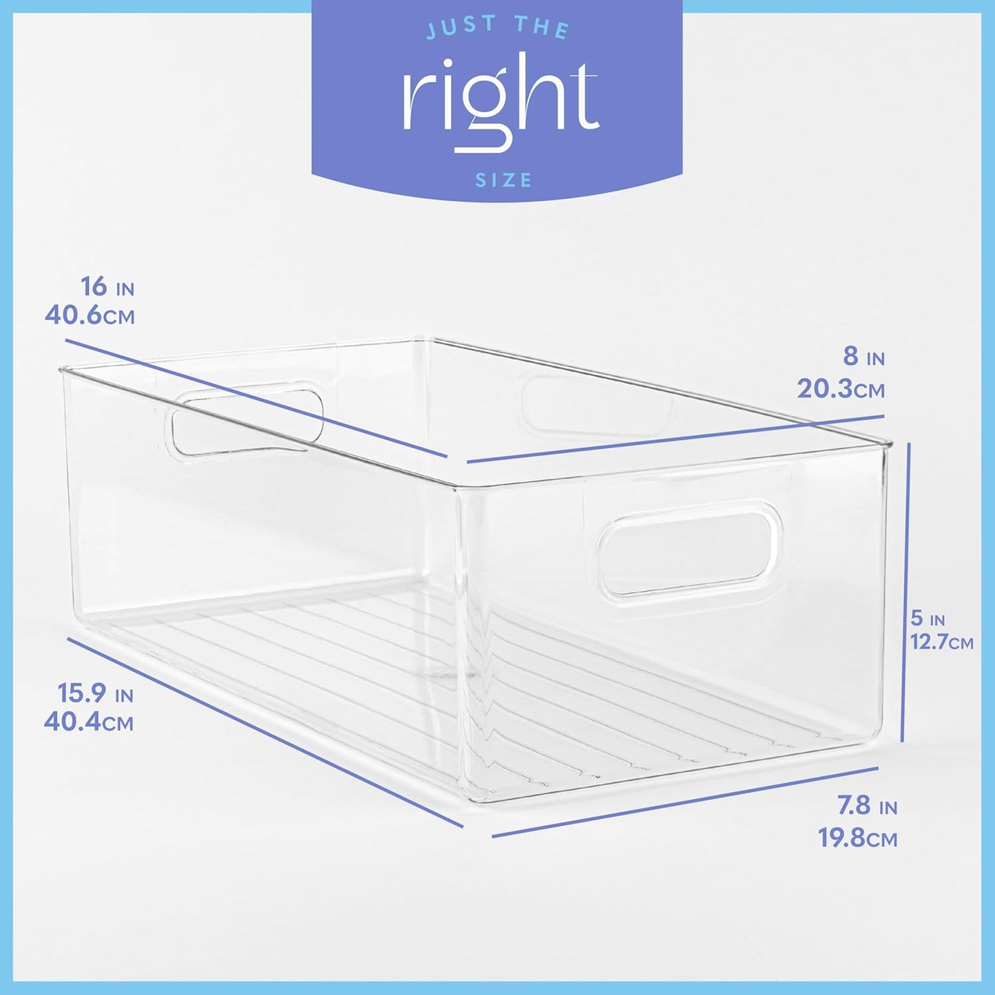 Plastic Food Storage 4 Pack Clear Container Bin with Handles for Organizing Kitchen, Pantry, Refrigerator, Freezer, Pantry, Cabinet, Closet, Bathroom. 16”x8”x5”