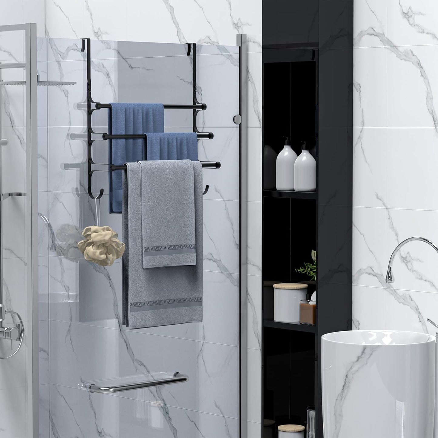 Over The Door Towel Rack, Over Door Towel Rack for Bathroom Door, Triple Towel Storage Holder with Hooks (Matte Black, 17.32" L)