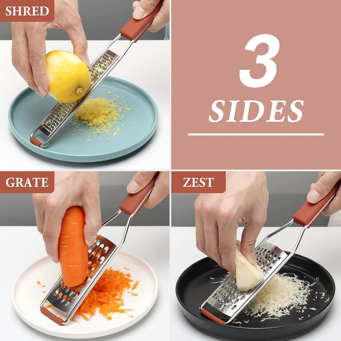 Cambom Lemon Zester Grater Three-piece Suit - Heavy Duty Kitchen Tool for Parmesan Cheese, Ginger, Garlic, Nutmeg, Chocolate, Vegetables，Fruits，Stainless Steel Grater Dishwasher Safe Red