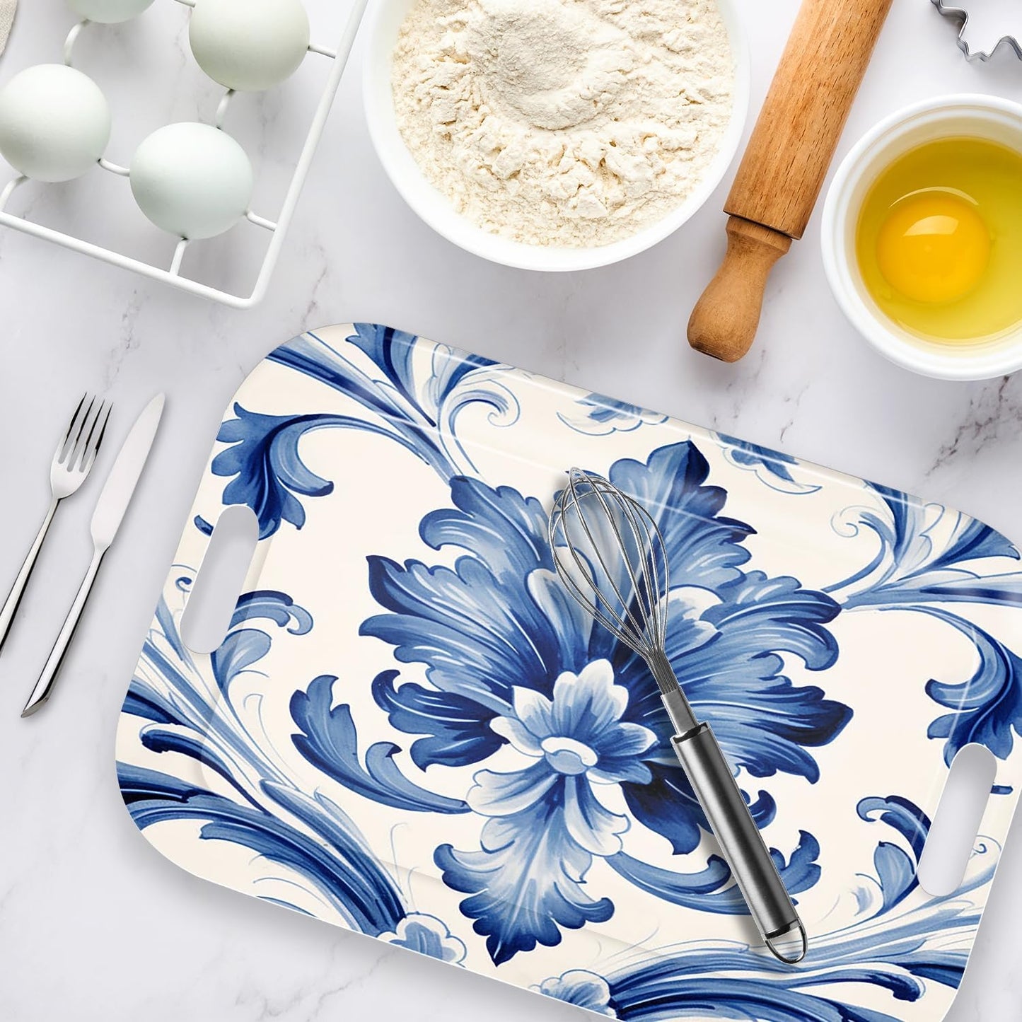 Serving Trays with Handles, 14.5 x 9.8 inch Rectangular Plastic Tray for Restaurant, Kitchen, Blue and White Pattern