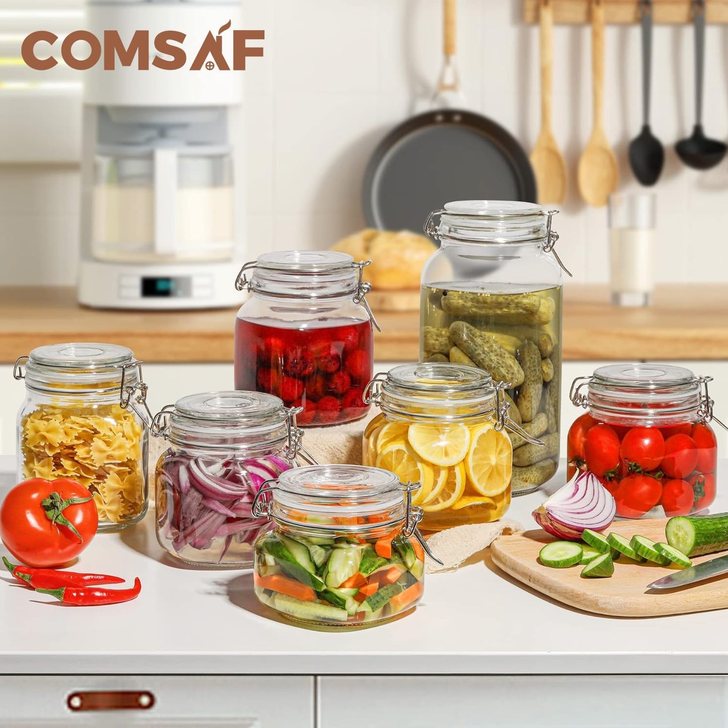ComSaf 25oz Airtight Glass Canisters with Lids Set of 6, Square Food Storage Jar Container with Clamp Lids for Kitchen Canning Cereal Coffee Pasta Sugar Beans Spice, Clear Mason Jars with 12 Labels
