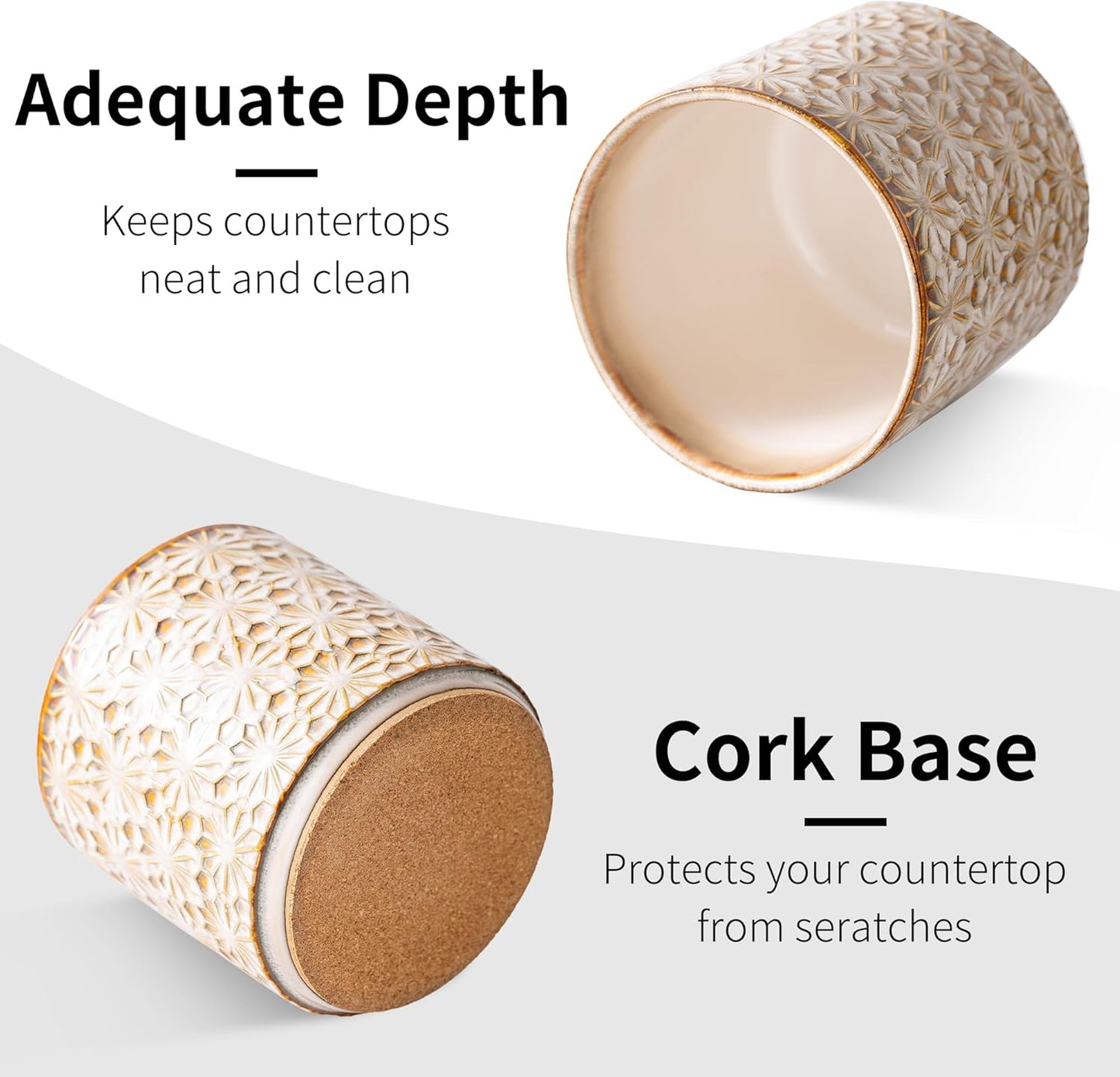 Utensil Holder Rustic Farmhouse Ceramic Utensil Crock for Countertop - 5.3" Handcrafted Kitchen Cooking Utensil Crocks with Cork Base, Natural Finish for Kitchen Tools Storage