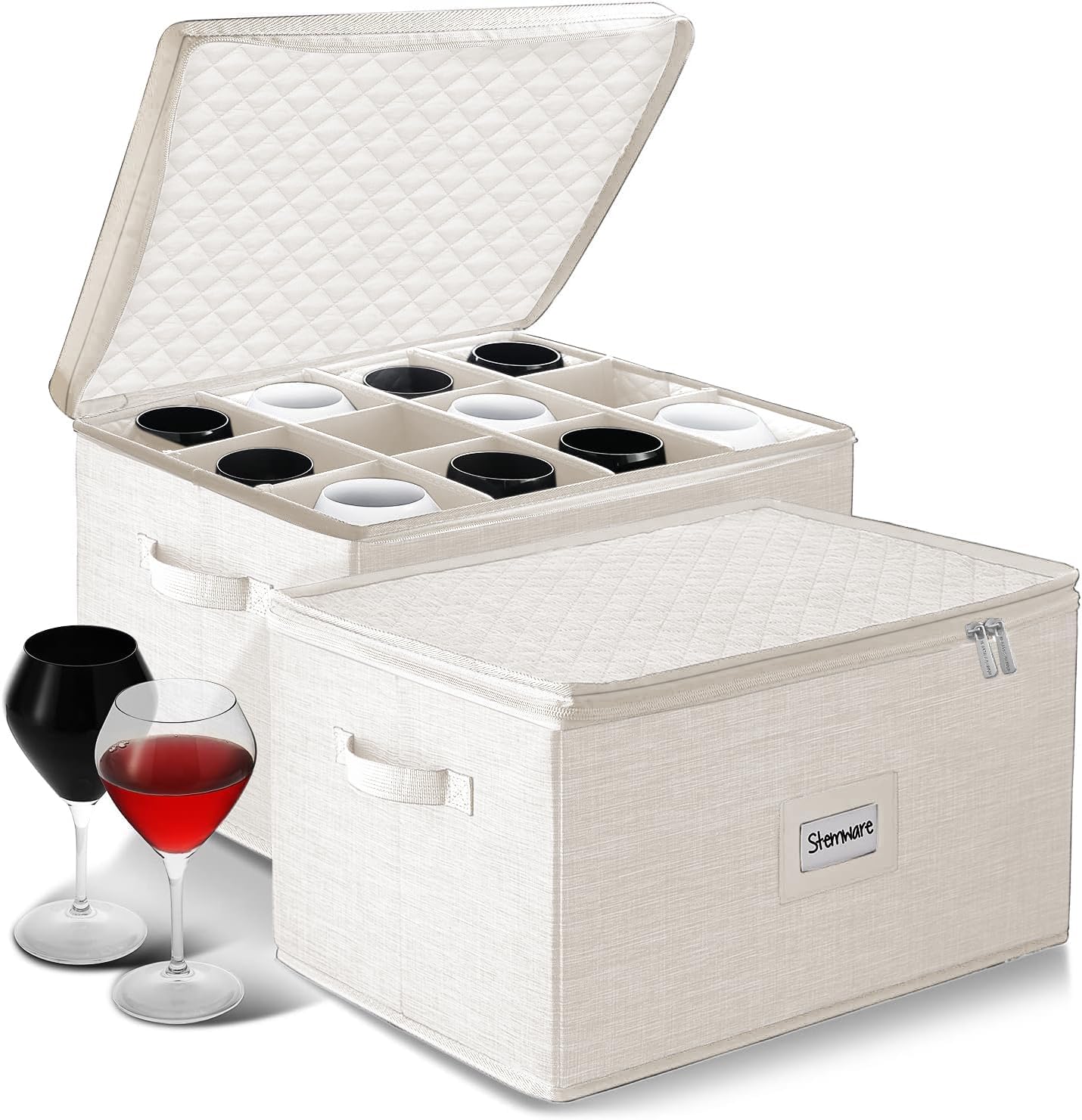Wine Glass Storage Box with Dividers, 2 Pack Stackable Stemware Storage Cases, Service of 24 Glassware Storage Containers, Quilted China Storage Containers for Moving and Seasonal Storage, Cream