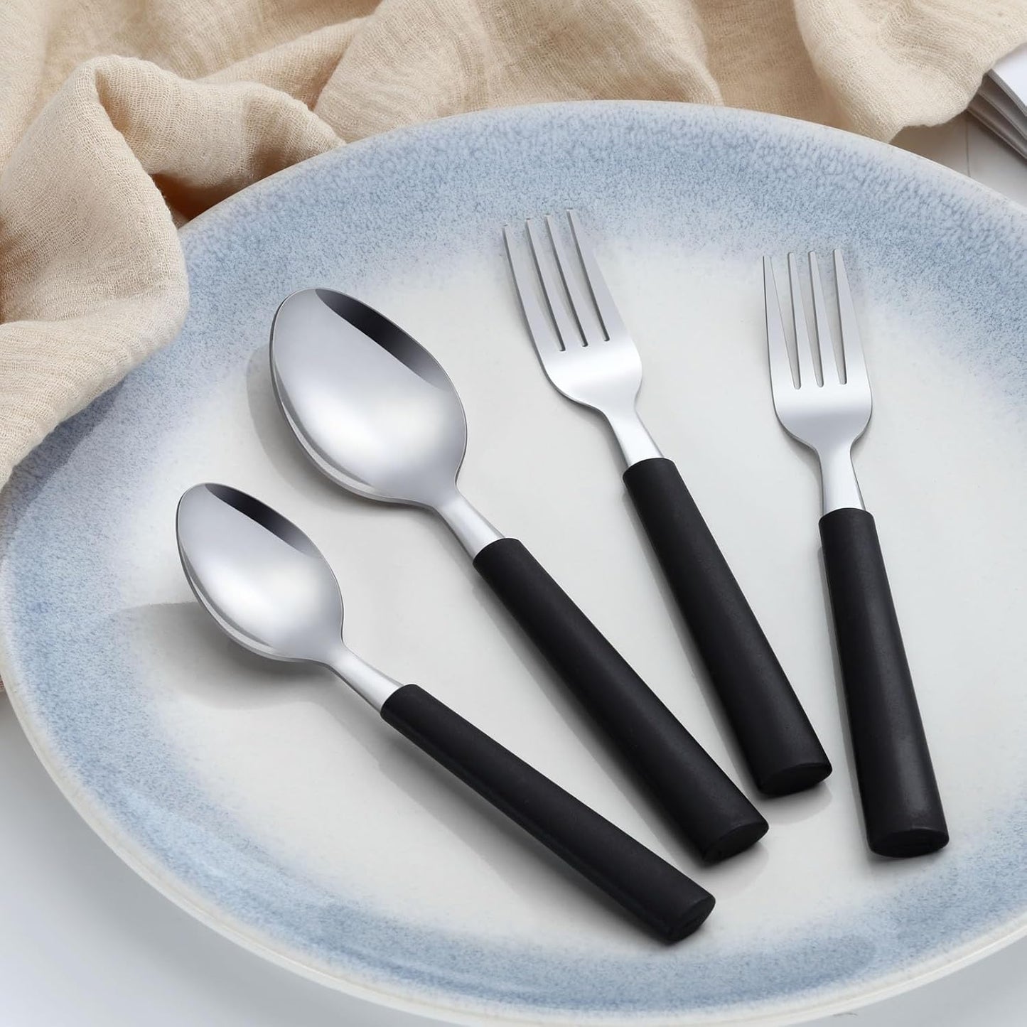 Pleafind 36Pcs Dessert Spoons Set (7.4 inches), Stainless Steel Mirror Polished Spoon with Black Frosted Handle, Spoons Silverware for Home, Kitchen, Restaurant, Dishwasher Safe