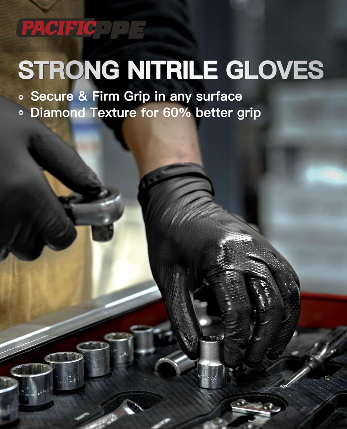 PACIFIC PPE 8 Mil Heavy Duty Black Nitrile Gloves, Food Safe, Latex Free, Mechanic, Fully-Diamond Textured Grip Industrial Disposable Gloves, Large