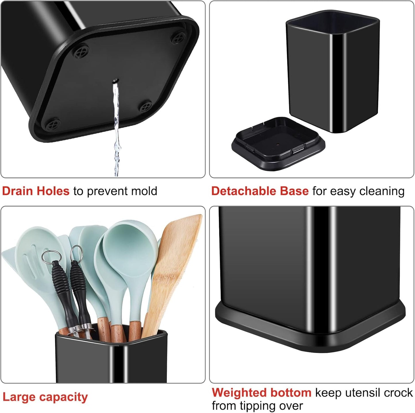 RedCall Stainless Steel Kitchen Utensil Holder for Countertop, Spoon Spatula Organizer,Modern Rectangular Large Cooking Utensil Caddy Counter,Utensil Crock (Stainless Steel Black)