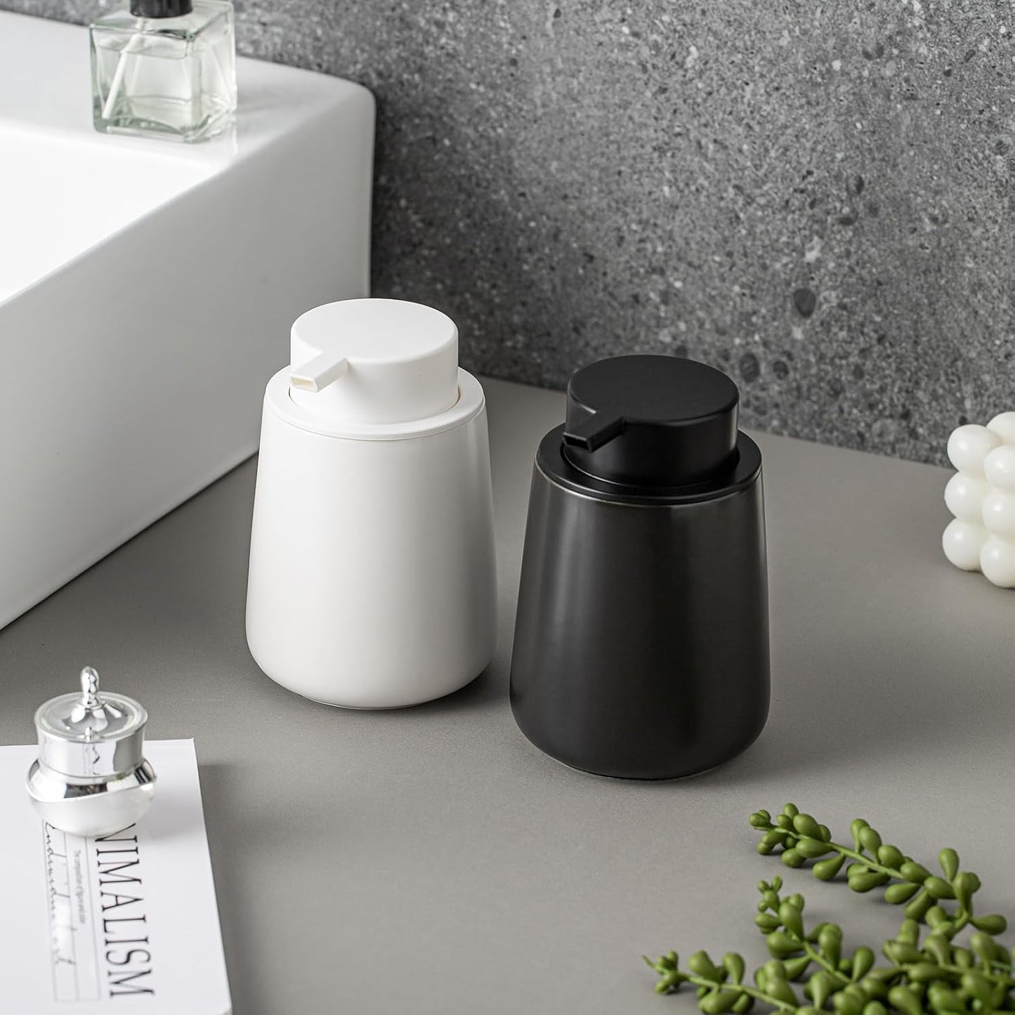 Foaming Soap Dispenser - 12 OZ White Ceramic Foam Soap Dispenser for Bathroom, Hand Wash Dispenser Bottle with Black Foaming Pump, Refillable Dish Dispenser Kitchen