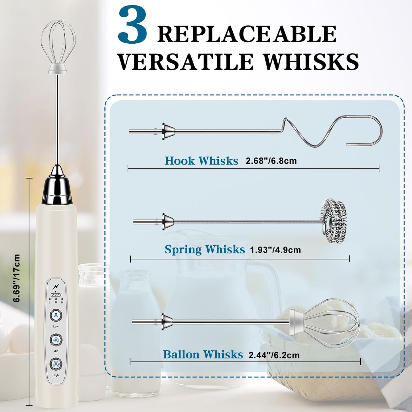 Milk Frother Handheld for Coffee, Electric Whisk 3 Speed Adjustable, Drink Mixer with Stainless 3 Whisks, Rechargeable Hand Frother Wand, for Latte Cappuccino Hot Chocolate Egg Beige