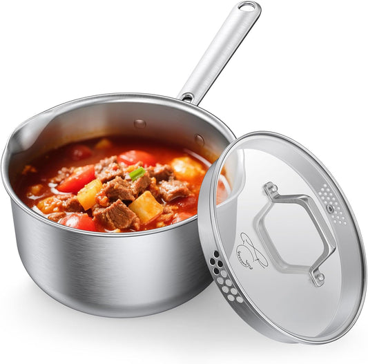 PekGema Stainless Steel Saucepan 3 Quart with Glass Strainer Lid, Thicken Tri-ply Full Sauce Pot, Two Side Spouts for Easy Pour, Dishwasher Safe, Induction Ready, Compatible with All Cooktops