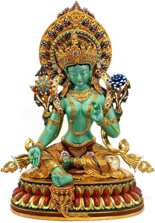 Handmade Copper Buddha Statue Indoor, Green Tara Buda Sculpture for Home Decor, Hand-Painted Colored Buddhist Budda,14.17"
