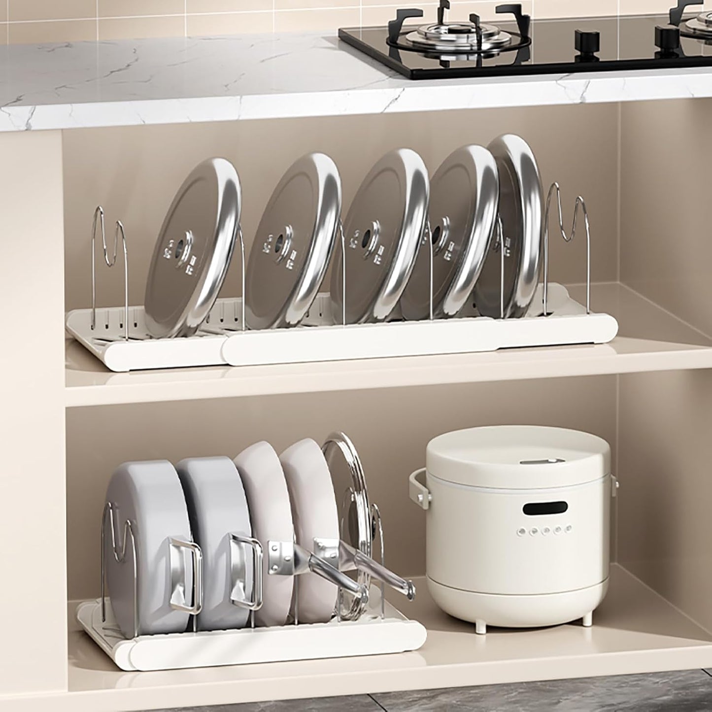 Pot Rack : Pots and Pans Organizer Under Cabinet 7 Adjustable Compartment Expandable Pot Lid Holder for Kitchen Cookware, Bakeware, Lid, Dishes, Cutting Boards,Apricot