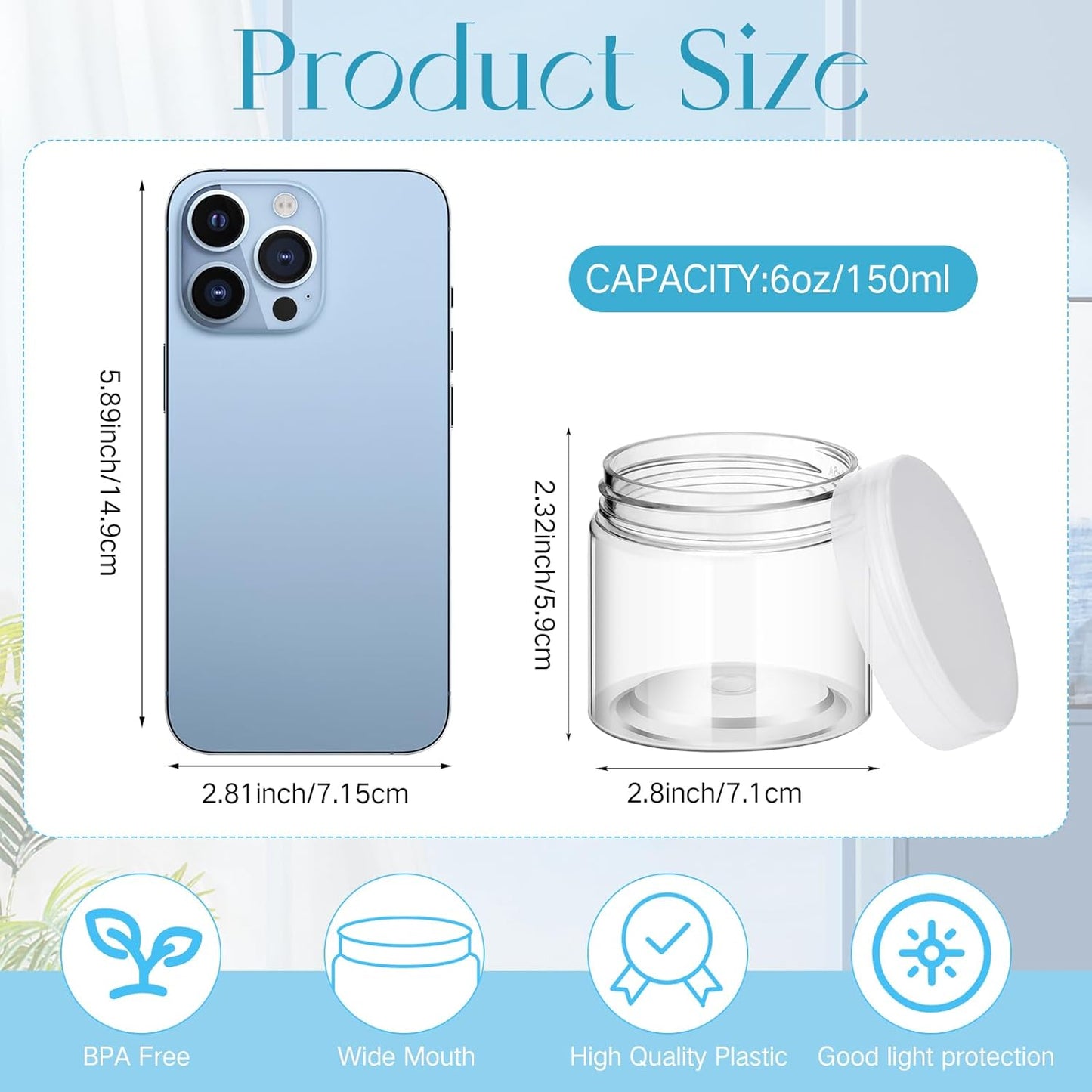 SATINIOR 6 Pack Plastic Container with Lids Small Jars Wide Mouth Round Airtight Leak Proof Container for Travel Storage, Cosmetic,eye Shadow, Nails, Paint, Jewelry(Clear,6 oz)