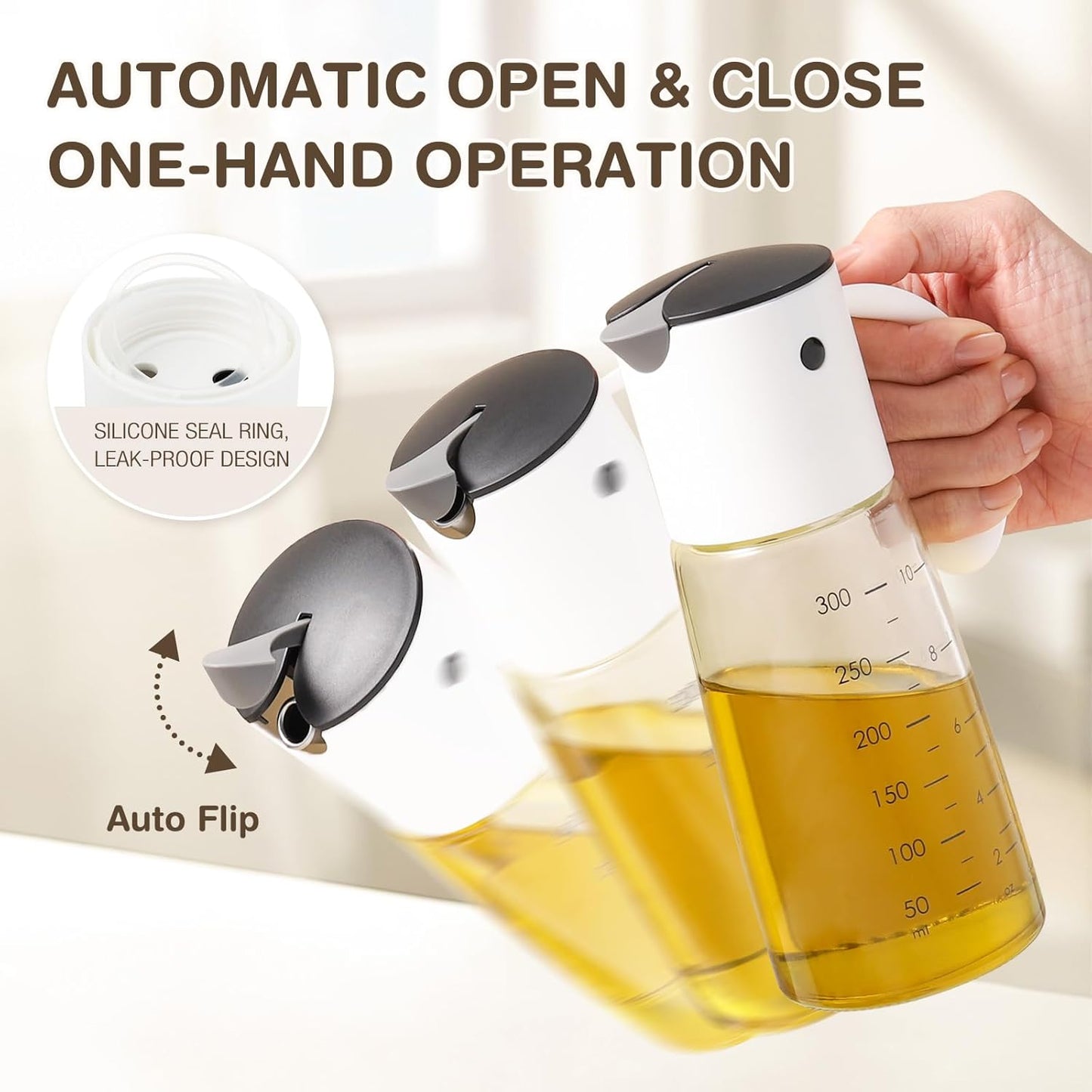 Vucchini Olive Oil Dispenser Bottle for Kitchen Cooking 10 oz - Auto Flip Vinegar Dispenser Container- Leakproof Glass Cruet with Non-Drip Spout Dispenser (white and yellow)