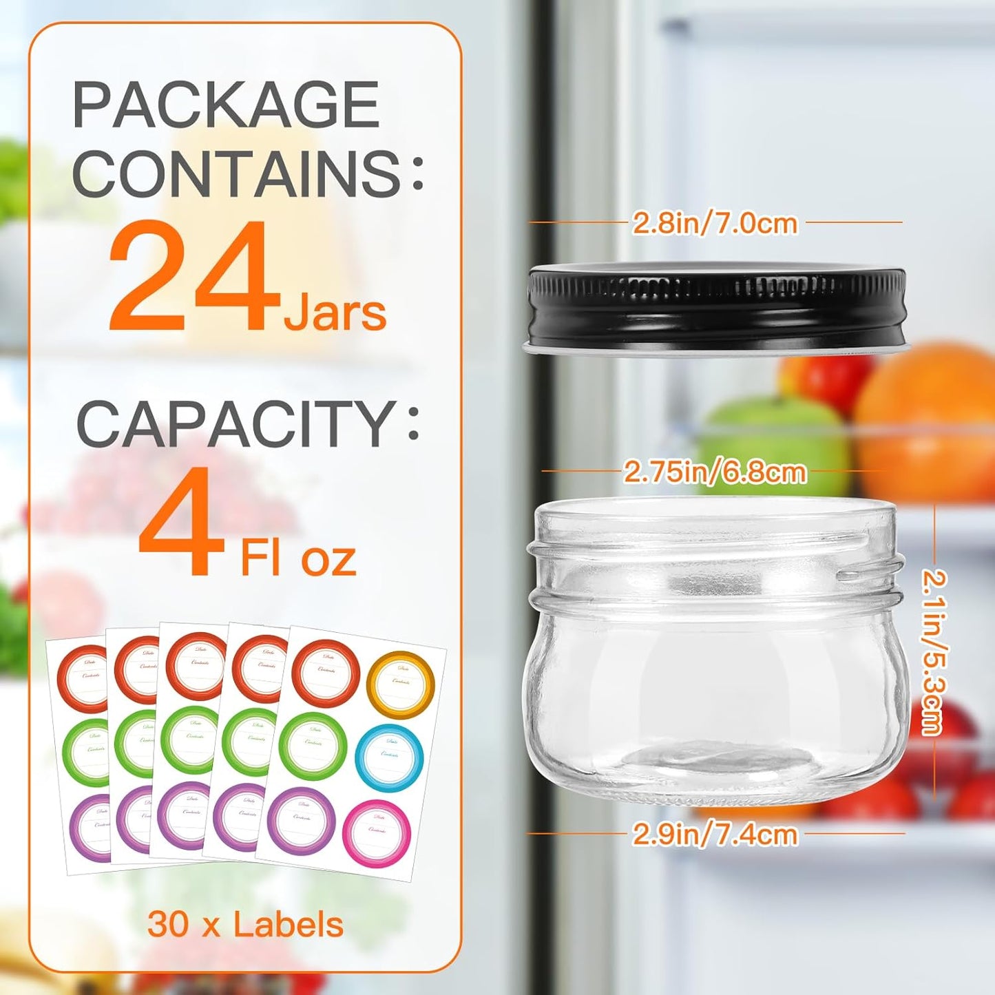 4 oz Mason Jars With Black Lid, 24 Pack Regular Mouth Canning Jars for Jam, Honey, Yogurt, Spices, Snacks, DIY Projects, Wedding Favors- Includes 30 Stickers