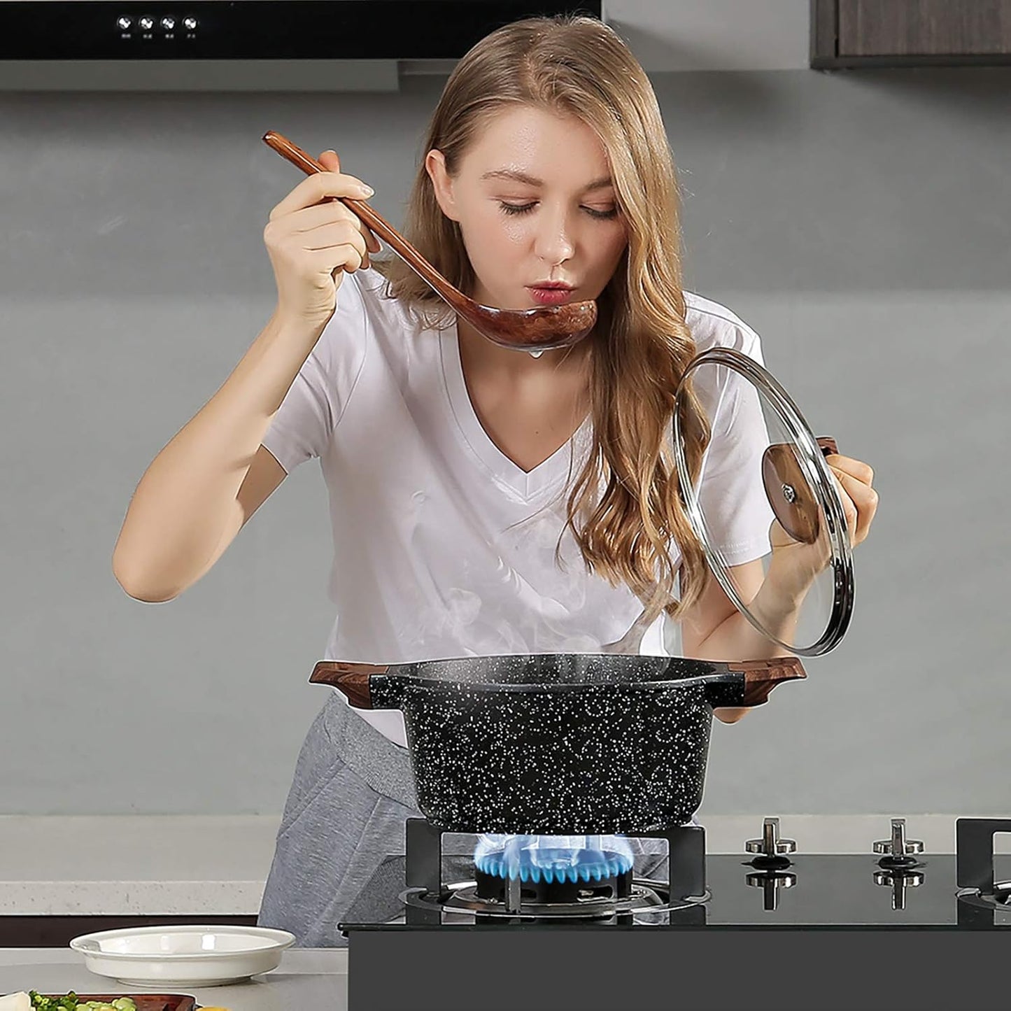 ESLITE LIFE Nonstick Stock Pot with Lid, 5 Quart Granite Casserole Large Soup Pot Pasta Cooking Pot, Induction Compatible, PTFE & PFOA Free, Black