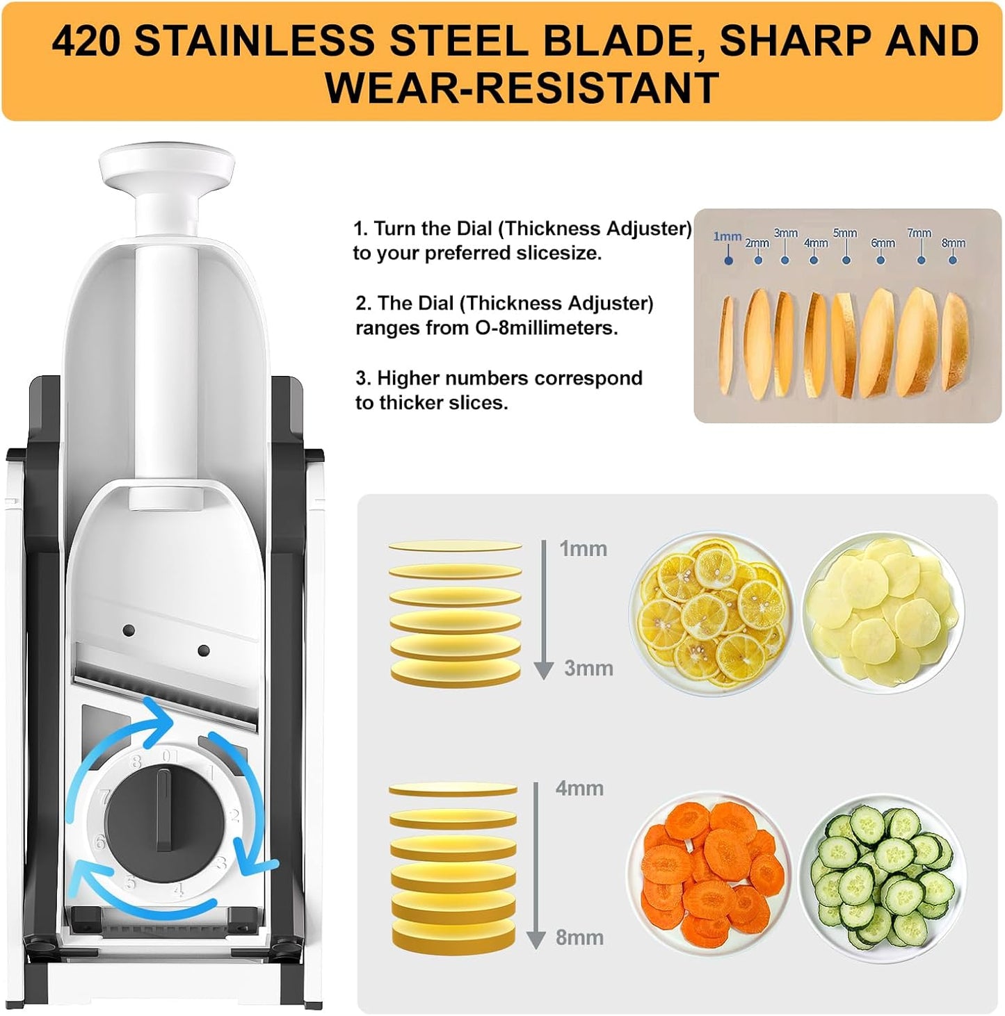 Mandoline Slicer/Veggie chopper for Kitchen &Safe Vegetable Chopper & Adjustable mandoline slicer.Easy to clean/storage/No need to replace the blade/safe and does not hurt your hands, gray