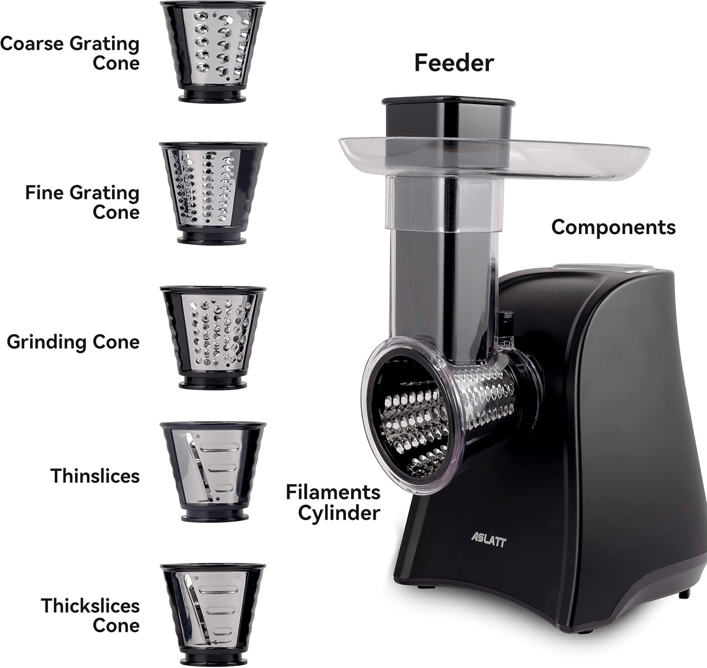 Electric Slicer, Electric Cheese Grater for Home Kitchen Use, One-Touch Control Cheese Shredder, Salad Maker Machine for Fruits, Vegetables, Cheese Grater with 5 Attachments