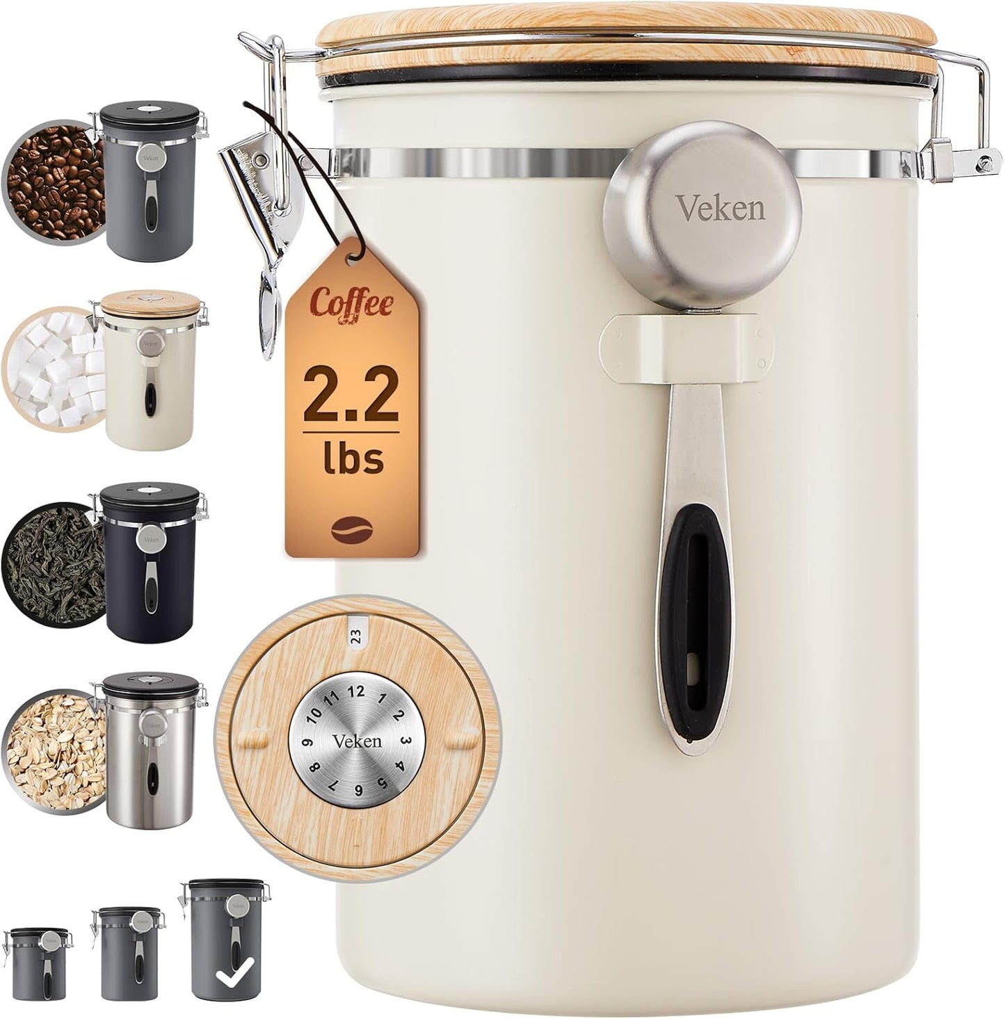 Veken Coffee Canister, 39OZ Large, Airtight Stainless Steel Food Storage Container for 2.2lbs Coffee Beans, Ground, Sugar, Tea, Flour, Rice, Cereal, Cookies Jars, Bar Accessories & Gifts, Cream