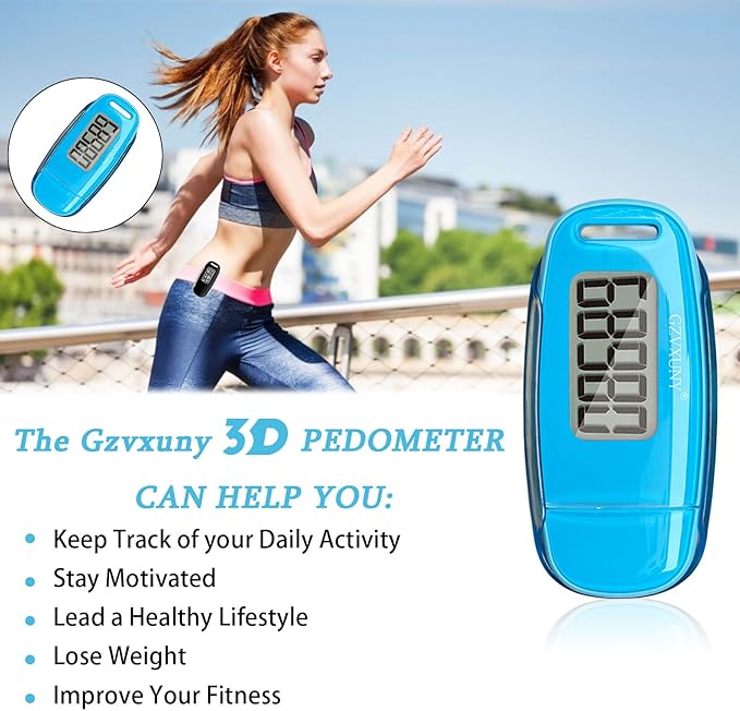 3D Pedometer Clip On, Simple Walking Step Counter with Backlight, USB Rechargeable Accurate Step Counter, Daily Target Monitor, Exercise Time (Blue)