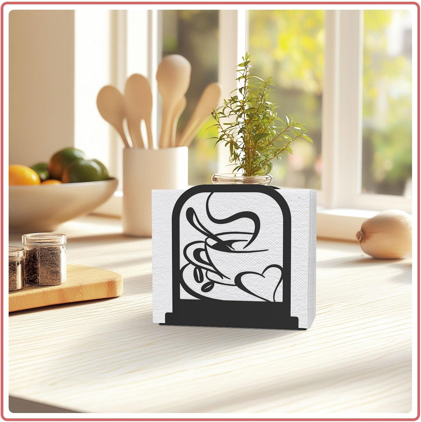 Modern Standing Napkin Holder for table, Black Metal Napkin Dispenser, Coffee time Theme Style Napkin Holder, Suitable for Kitchen, Coffee Shop, Dining Room