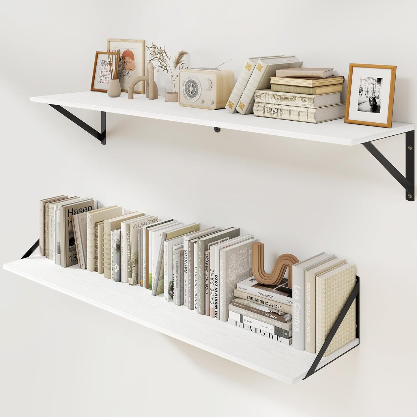 Heimlove White Deep Floating Shelves for Wall, 40W x 8D Wood Wall Shelves Set of 2, Wide Floating Bookshelf for Living Room, Kitchen, Office, Bedroom and Decor Storage, with Black Bracket - White