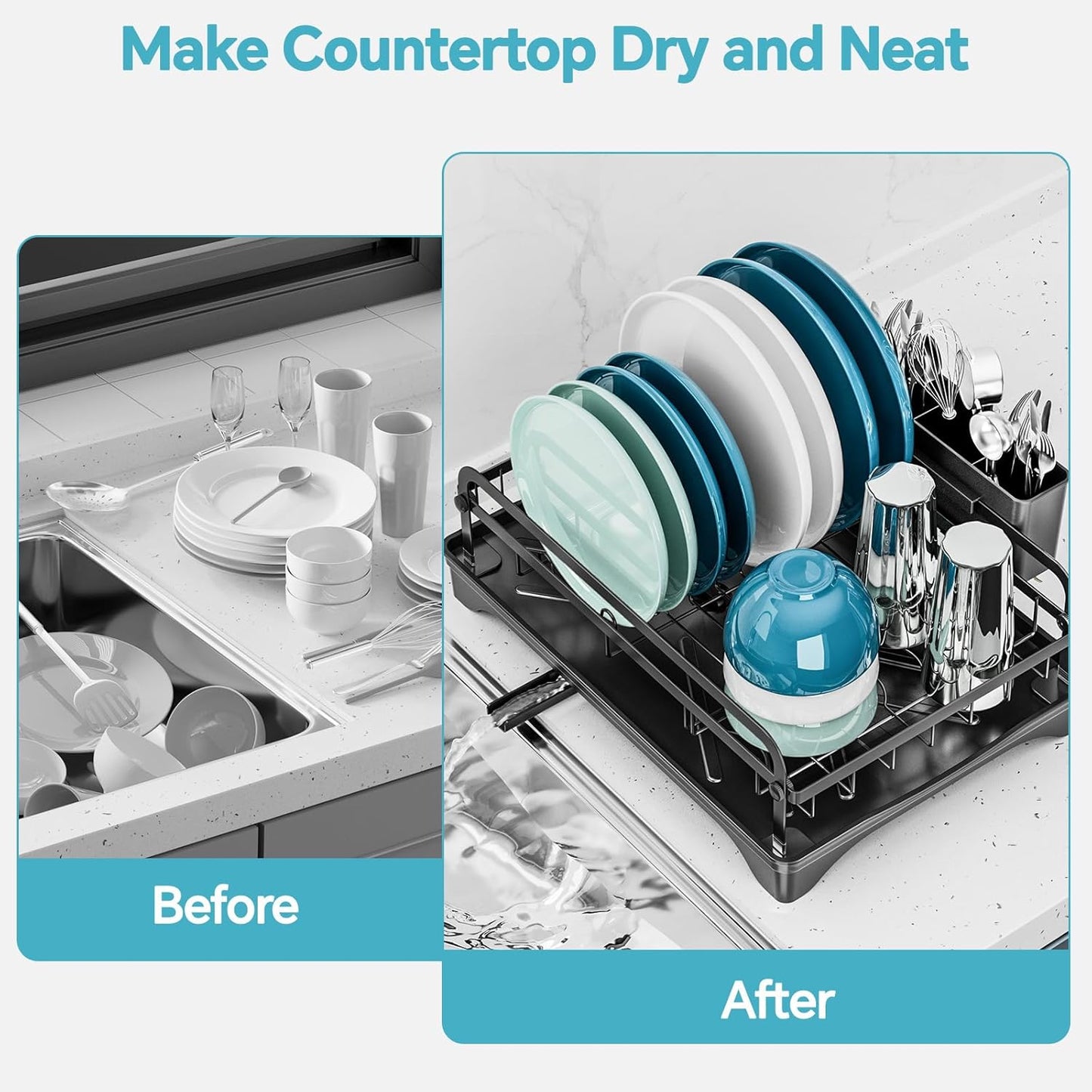 Dish Drying Rack Kitchen - Dish Racks for Kitchen Counter Space-Saving, Dish Drainer with Automatic Drain and Adjustable Spout, Dishwasher Rack with Cutlery Holder, 16.5" D x 11.6" W x 6.6" H