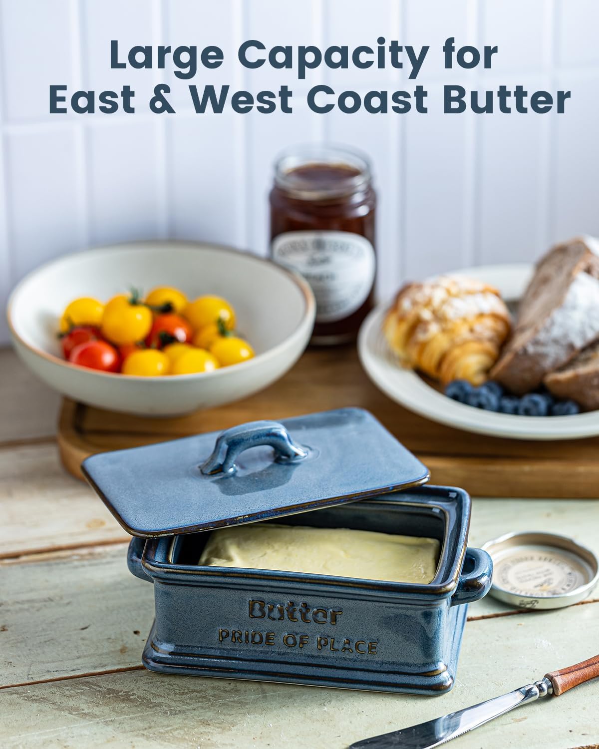 Butter Dish with Lid, Porcelain Butter Dish for Countertop Large Butter Keeper Butter Holder Container for East West Coast Butter, Blue