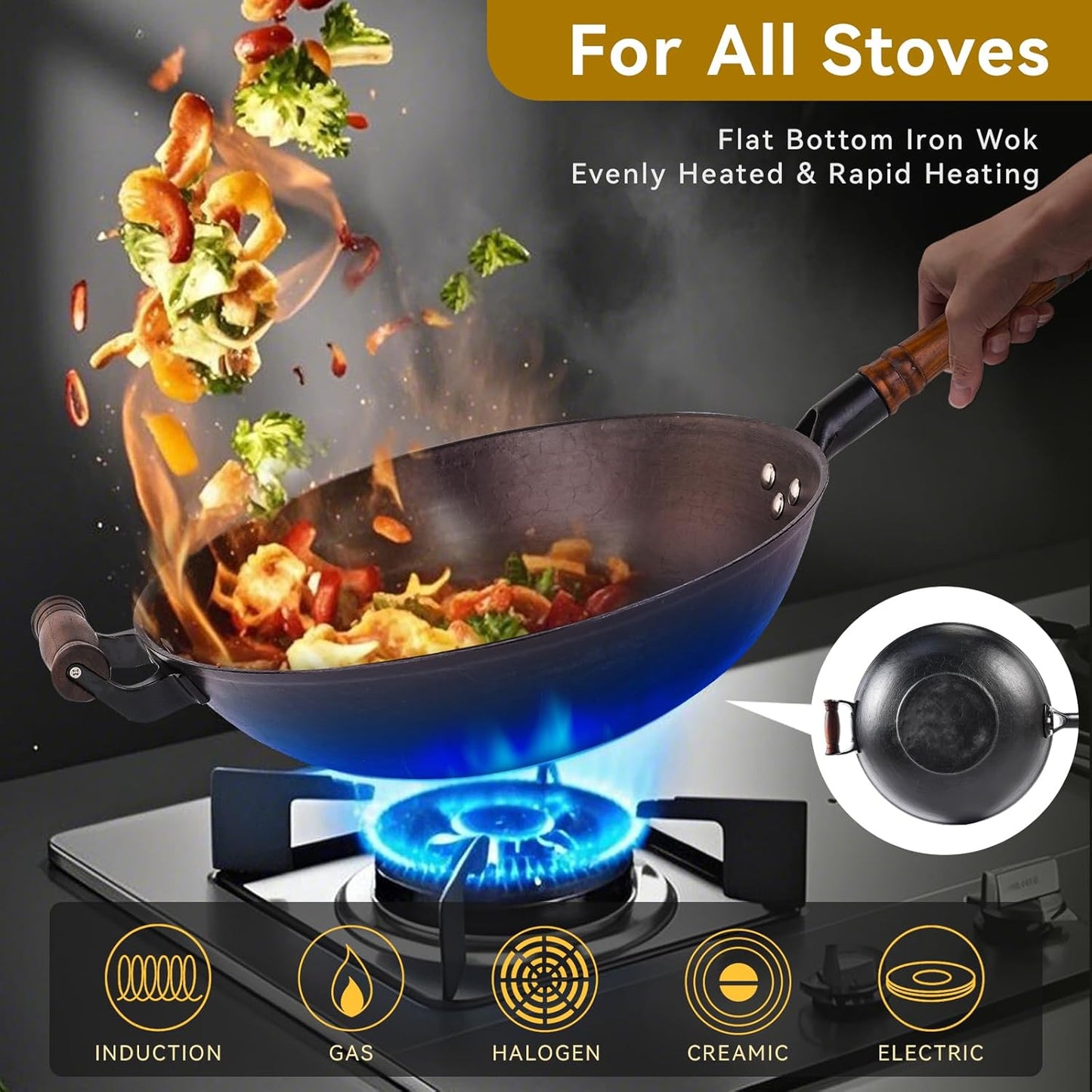 WANGYUANJI 12.6 Inch Cast Iron Wok with Glass Lid – Flat Bottom Stir Fry Pan,Handcrafted Iron Cookware for Induction, Gas & Electric Stoves, Black