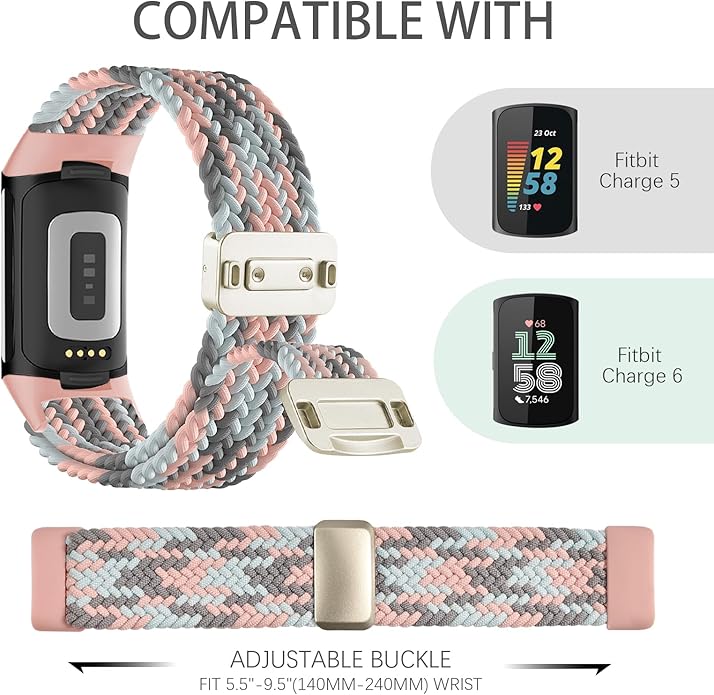 Magnetic Braided Nylon Compatible with Fitbit Charge 6 Bands/Fitbit Charge 5 Bands for Women Men, Soft Sport Stretchy Breathable Strap Replacement Wristband for Charge 6/Charge 5