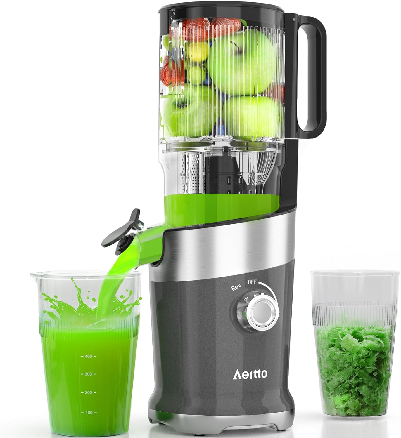 Aeitto Cold Press Juicer, Juicer Machines with 4.9" Large Feed Chute, Fits Whole Vegetables and Fruits, Professional Juice Maker, Easy to Clean, High Juice Yield, Easy to Assemble,Grey