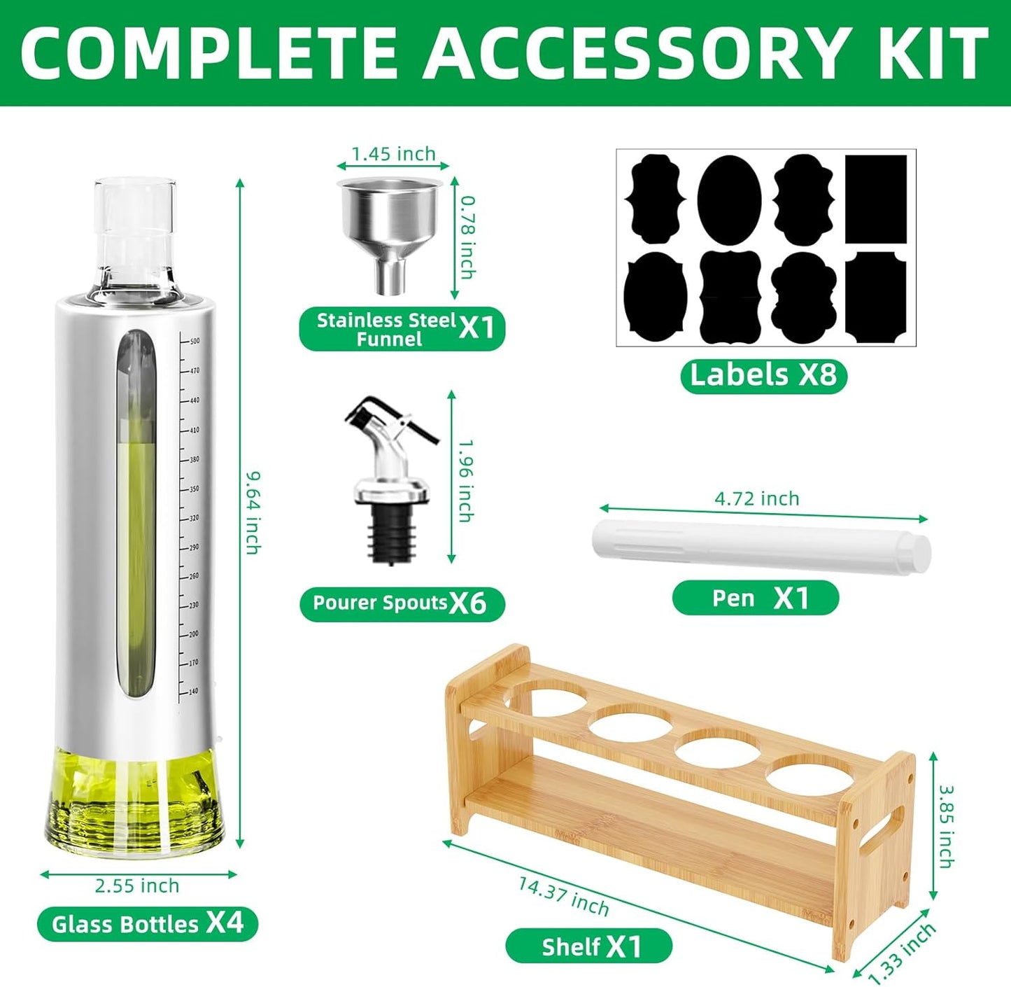 Oil Dispenser Bottle, 4 Pack Glass Olive Oil Dispenser Bottle with Shelf, 17oz/500 ml Oil and Vinegar Dispenser Set Wrapped in Stainless Steel Shell with Pourers, Funnel & Pen and Tags