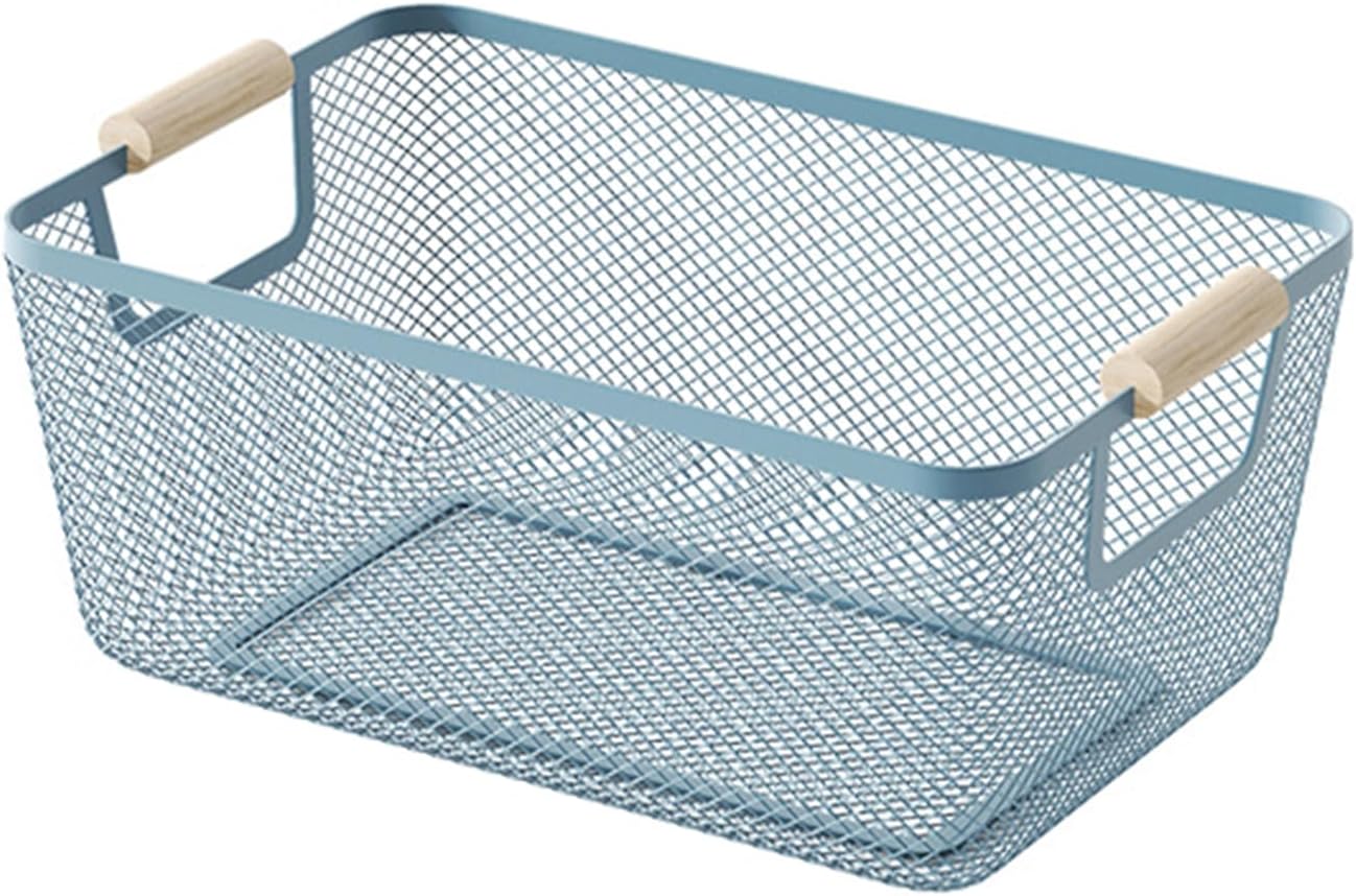 Metal Mesh Steel Basket, Small Wire Storage Organizer Baskets Multi-function Hanging Kitchen Basket with Wood Handle for Kitchen Bathroom Picnic Home, Rectangle-Blue