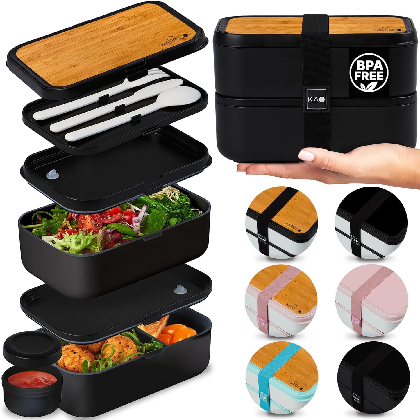 Double Premium Bento Box Adult, 67 fl oz BPA-Free - Black Stackable Lunch Box with Leak-Proof Lids & Dividers, Perfect for Meal Prep, Lunches & Portion Control