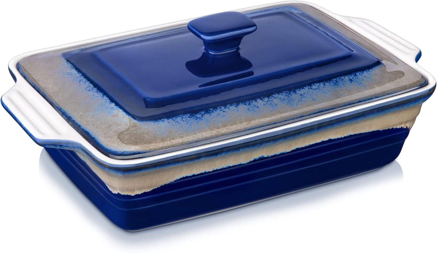 LOVECASA 4.5 Quart Ceramic Casserole Dish with Lid, 9x13 Baking Dish for Oven, Lasagna Pan Deep with Handles, Stoneware Bakeware, Oven & Dishwasher Safe, Blue Gray Gradient