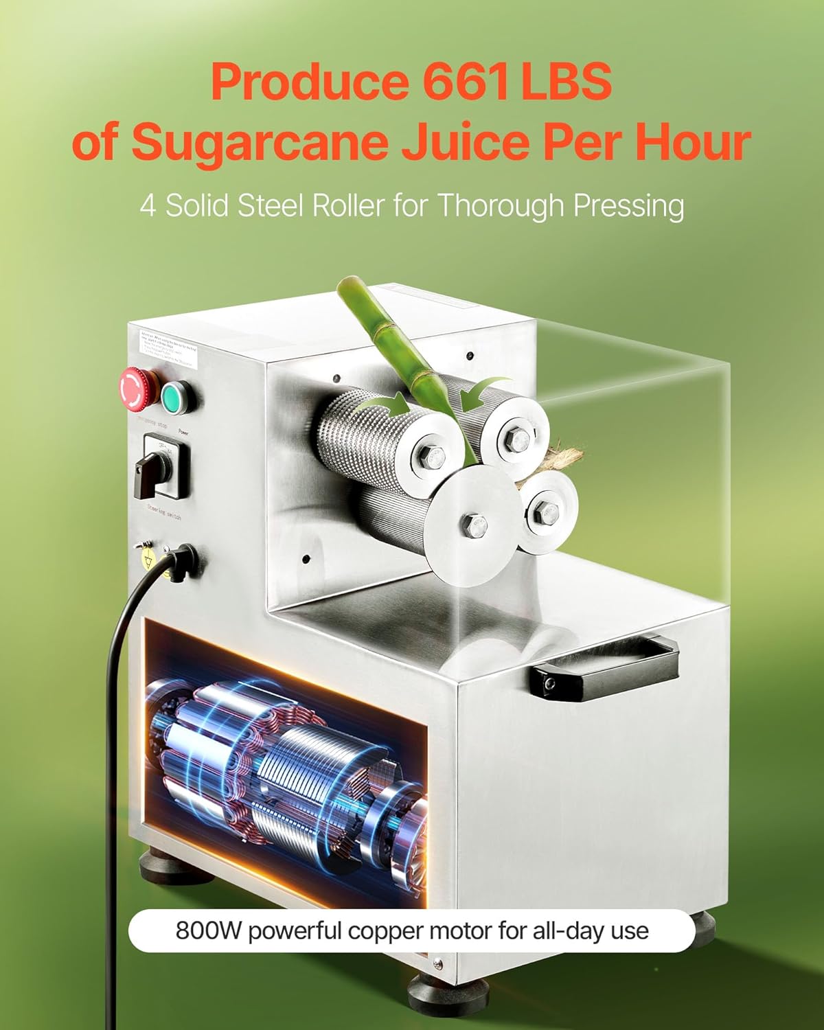 VEVOR Commercial Sugar Cane Juicer, 800W Electric Sugarcane Juicer Machine with 661LBS/H High Output, 4 Stainless Steel Rollers, Sugar Cane Press Juice Extractor Squeezer for Home/Commercial Use