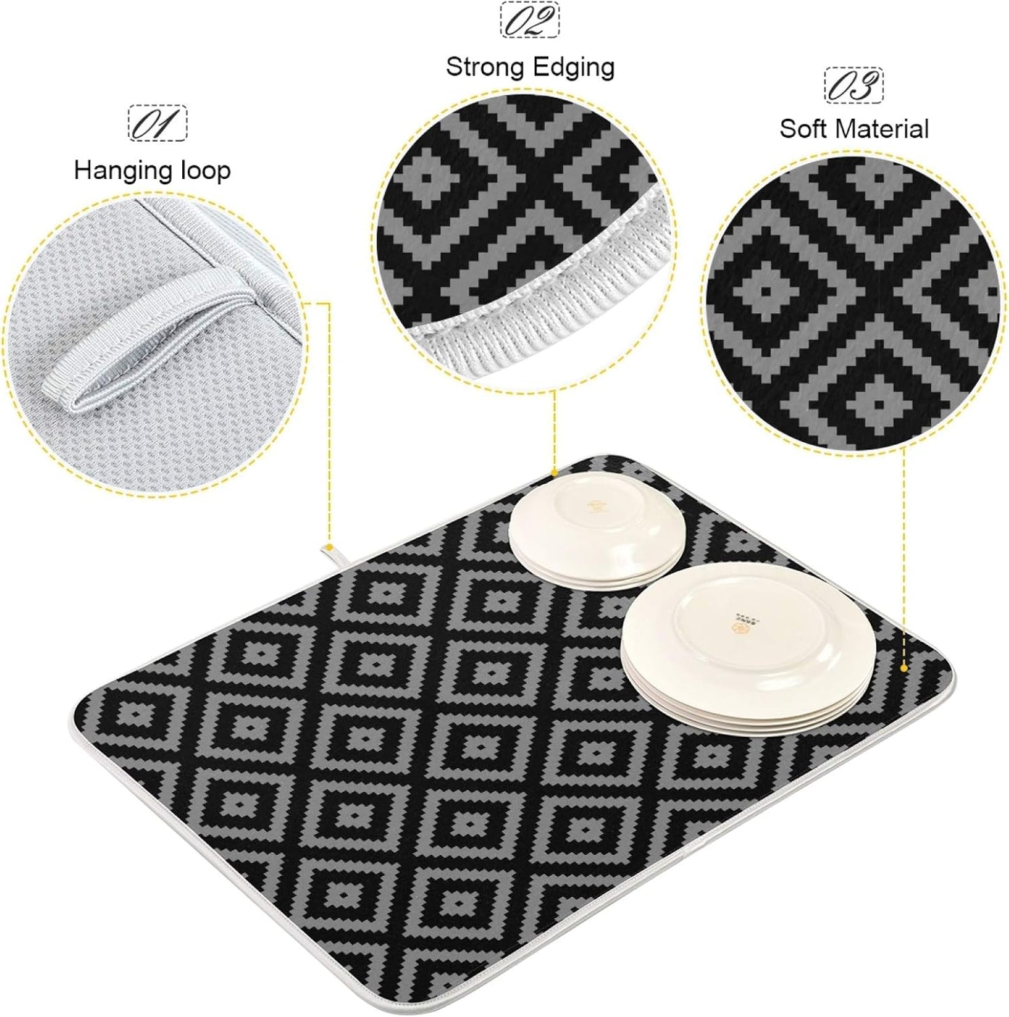 Super Absorbent Dish Drying Mat Microfiber Fast-Drying Dish Mat 24" x 18 Kitchen Dish Drying Pad Black Moroccan Rhombus Plaid