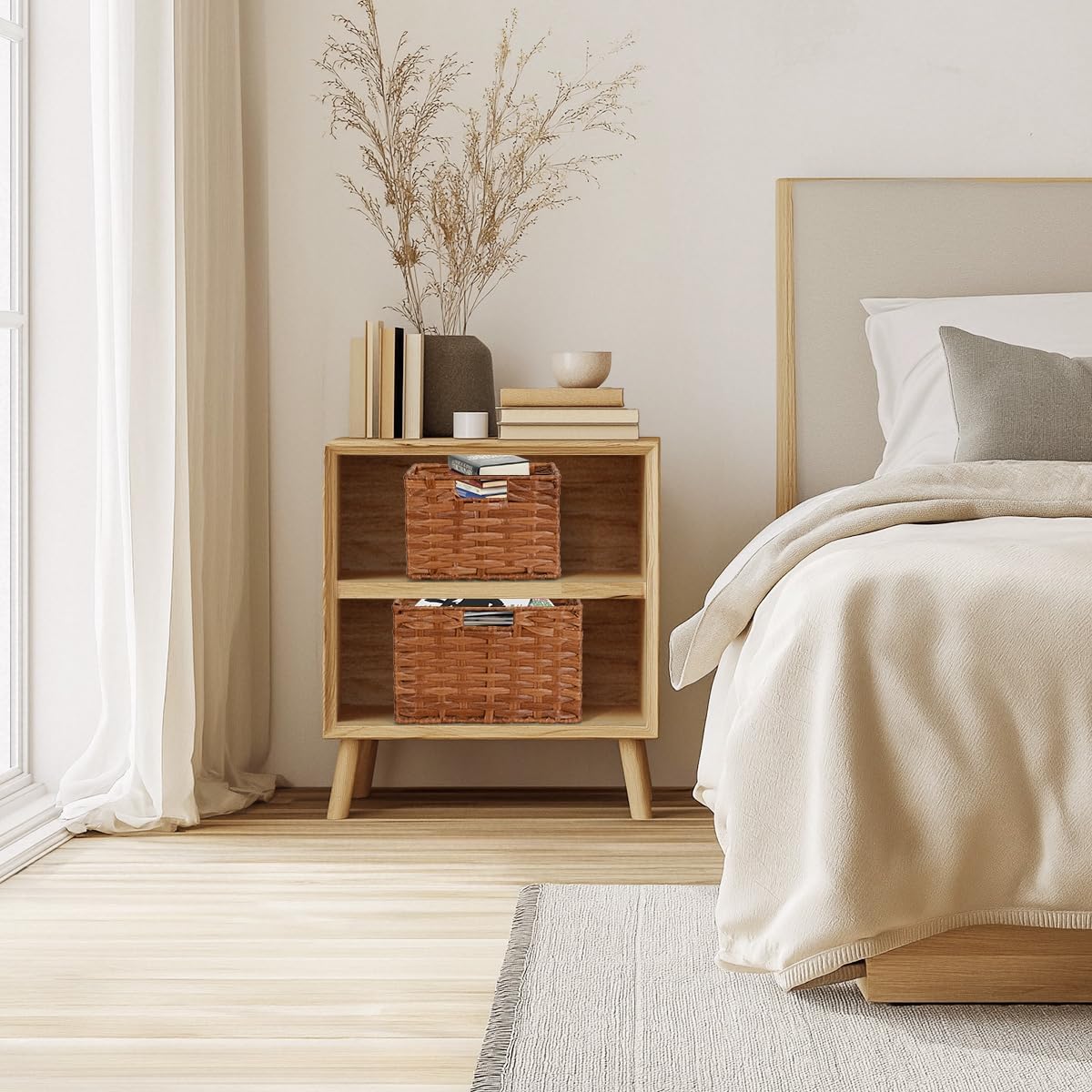 Wicker Storage Baskets with Handles, Decorative Handwoven Plastic Wicker Boxes Storage Basket for Room, Pantry, 2 Pack Large and Small (Brown)