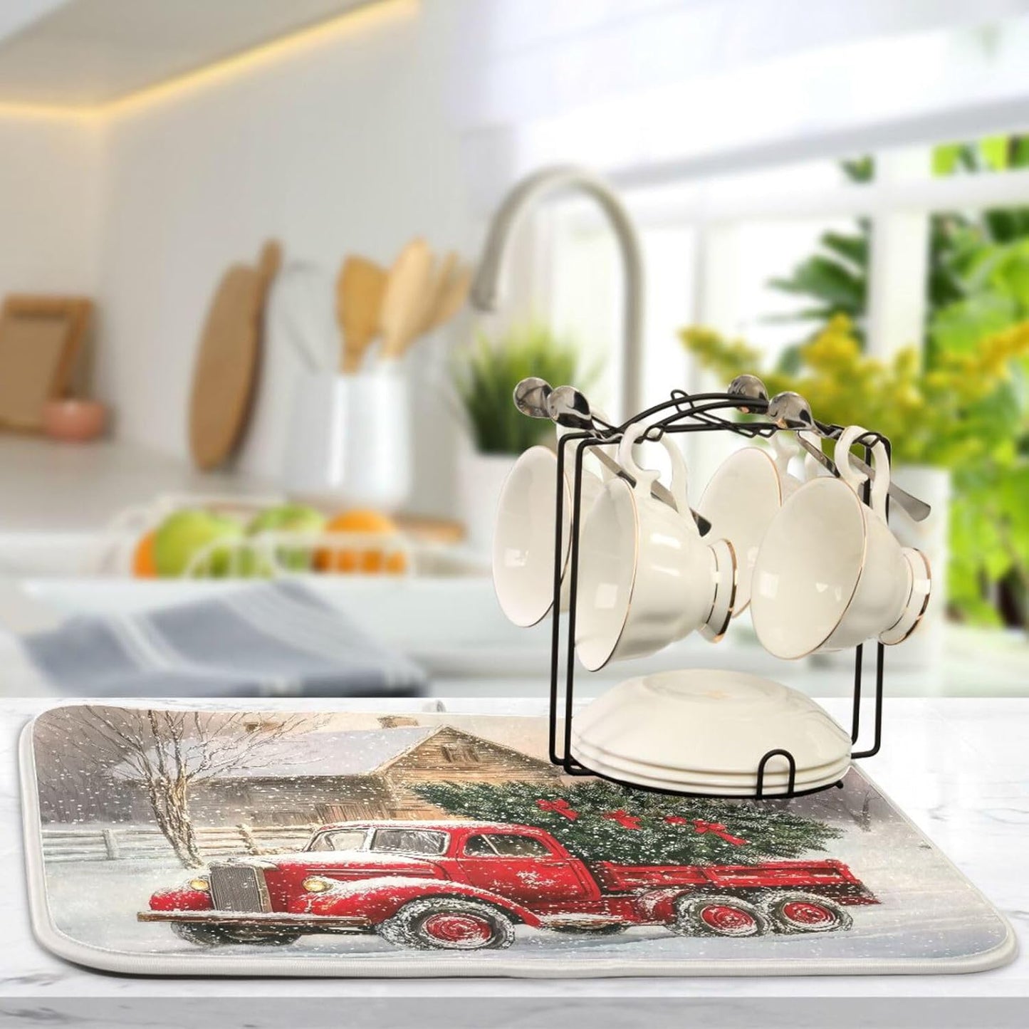 Red Christmas Truck Dish Drying Mat for Kitchen Counter Absorbent Microfiber Drying Pad, Large 18x24 in, Reversible Drainer Mats