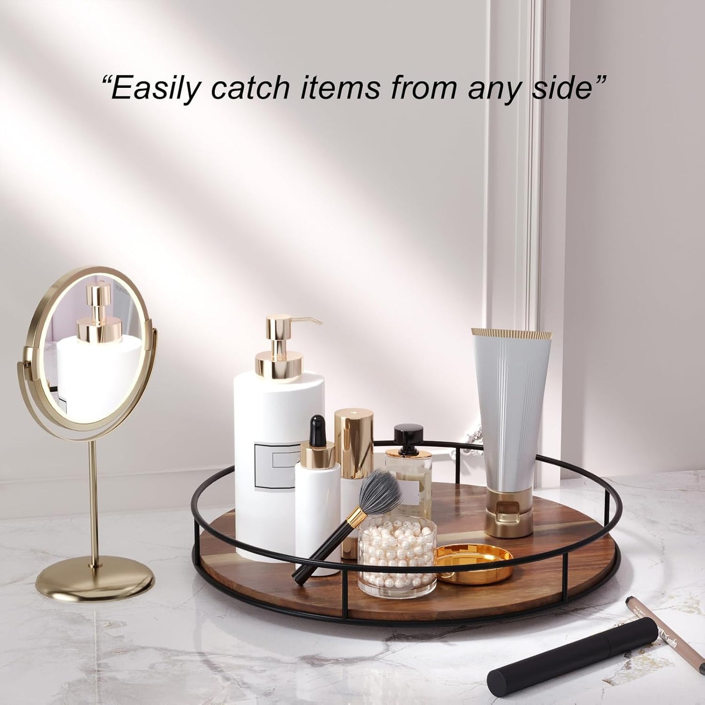 13 Inch Lazy Susan Organizer with Steel Frame for Kitchen,Acacia Wood Turntable for Cabinet,Pantry,Table,Pantry,Countertop,Refrigerator,Spice Rack