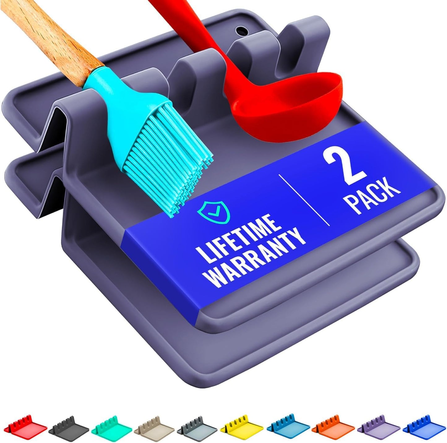 Silicone Spoon Rest for Stove Top with Drip Pad (Two Pack) - Heat Resistant BPA Free Utensil Rest & Spoon Holder for Kitchen Counter - Grill Utensil Holder - Spatula Holder, Tongs, Ladle - Purple