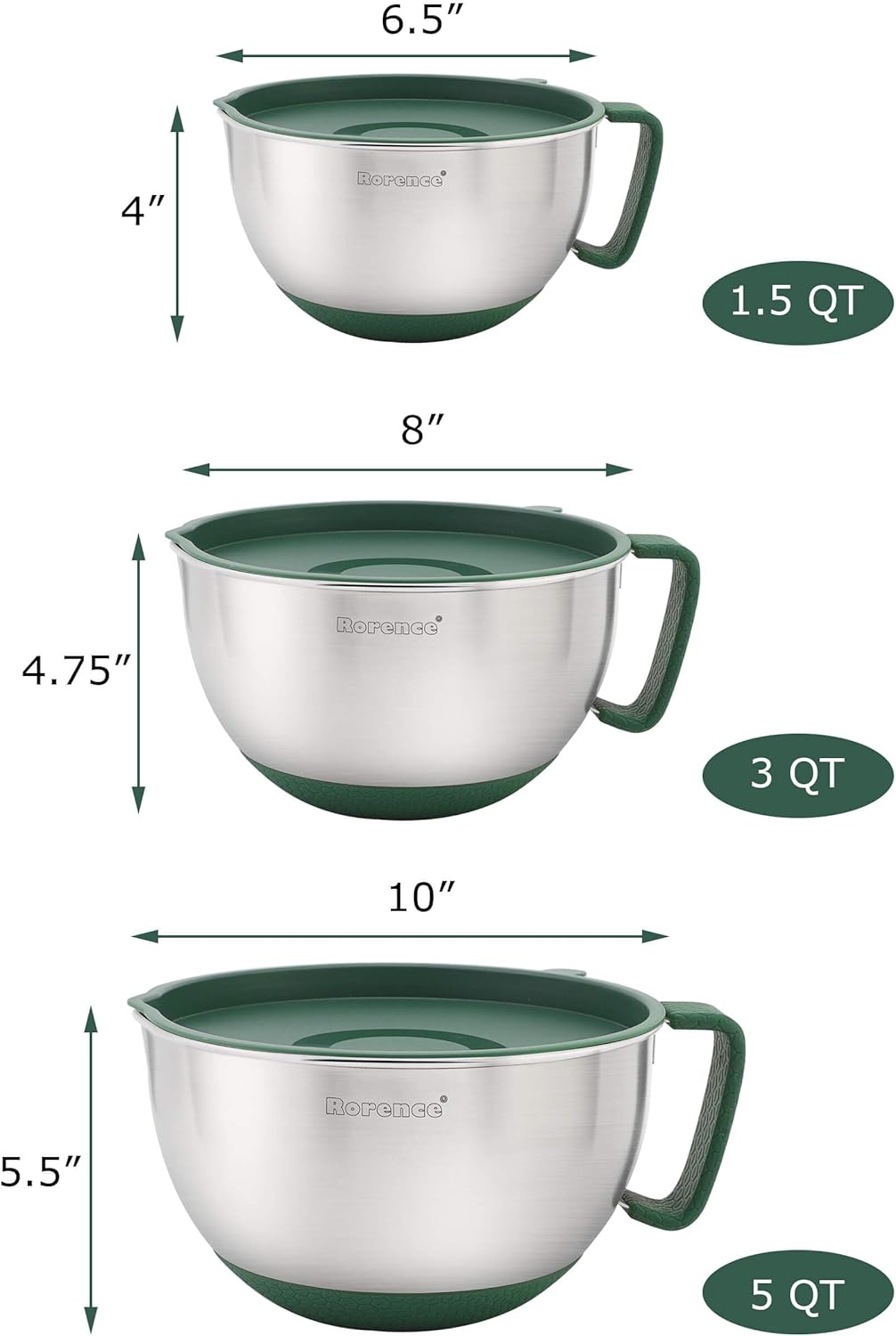 Rorence Mixing Bowls Set: Stainless Steel Non-Slip Bowls with Pour Spout, Handle and Lid - Set of 3 - Green