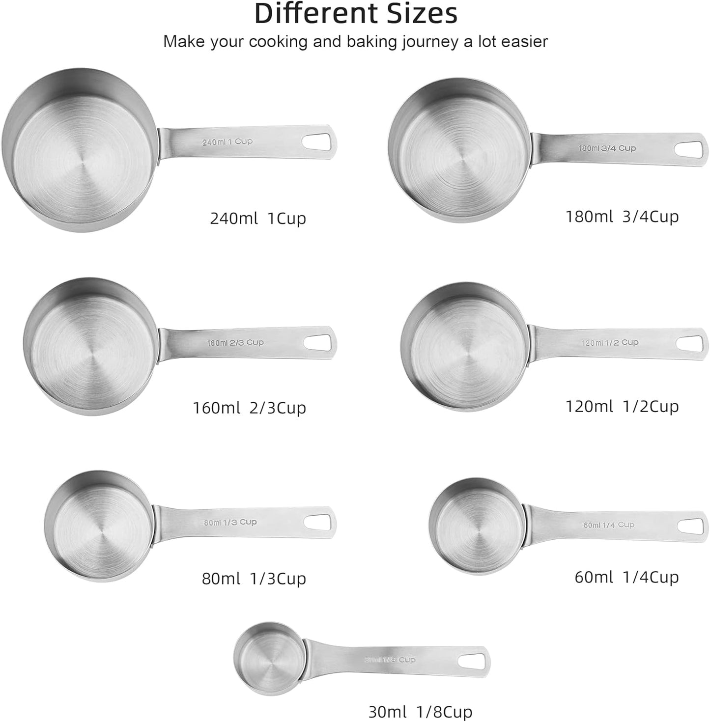 Measuring Cups and Spoons Set of 15 Pcs, 7 Stainless Steel Stackable Heavy Measuring Cups, 8 Measuring Spoons, Metal Measuring Spoons and Cups for Dry or Wet Ingredients During Baking.