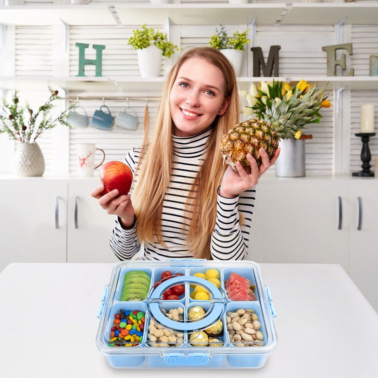 Divided Serving Tray with Lid and Handle,8 Compartments Snacks Box,Snack Fruit Veggie Tray,Portable Platter for Candy Fruits Nuts Snack Party Entertaining Picnic (Blue)