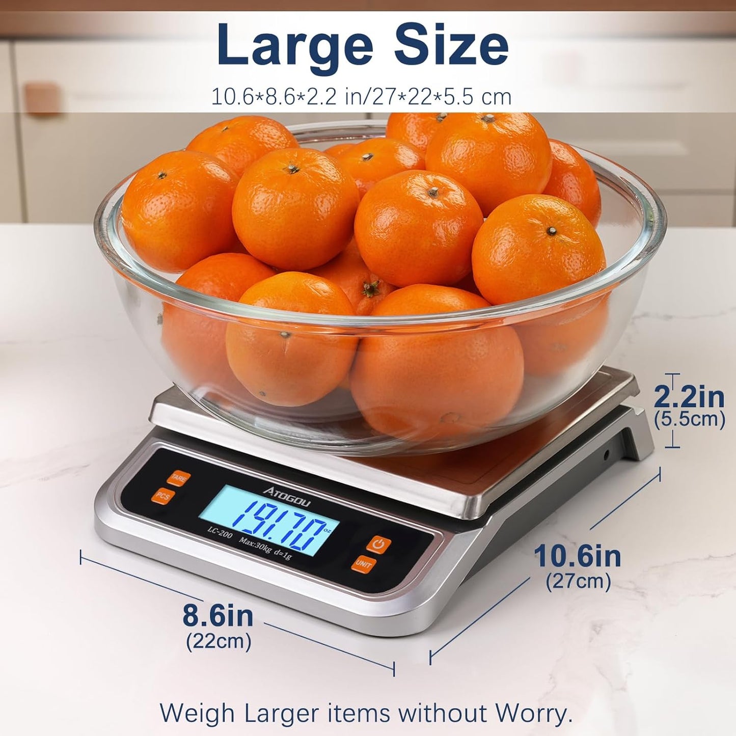 88lb Food Scale, Commercial Kitchen Scale Plug-in Usable with Full View LCD Display, Stainless Steel, for Baking, Bread, Cooking, Meat, Vegetables, Farm, Industry LC200