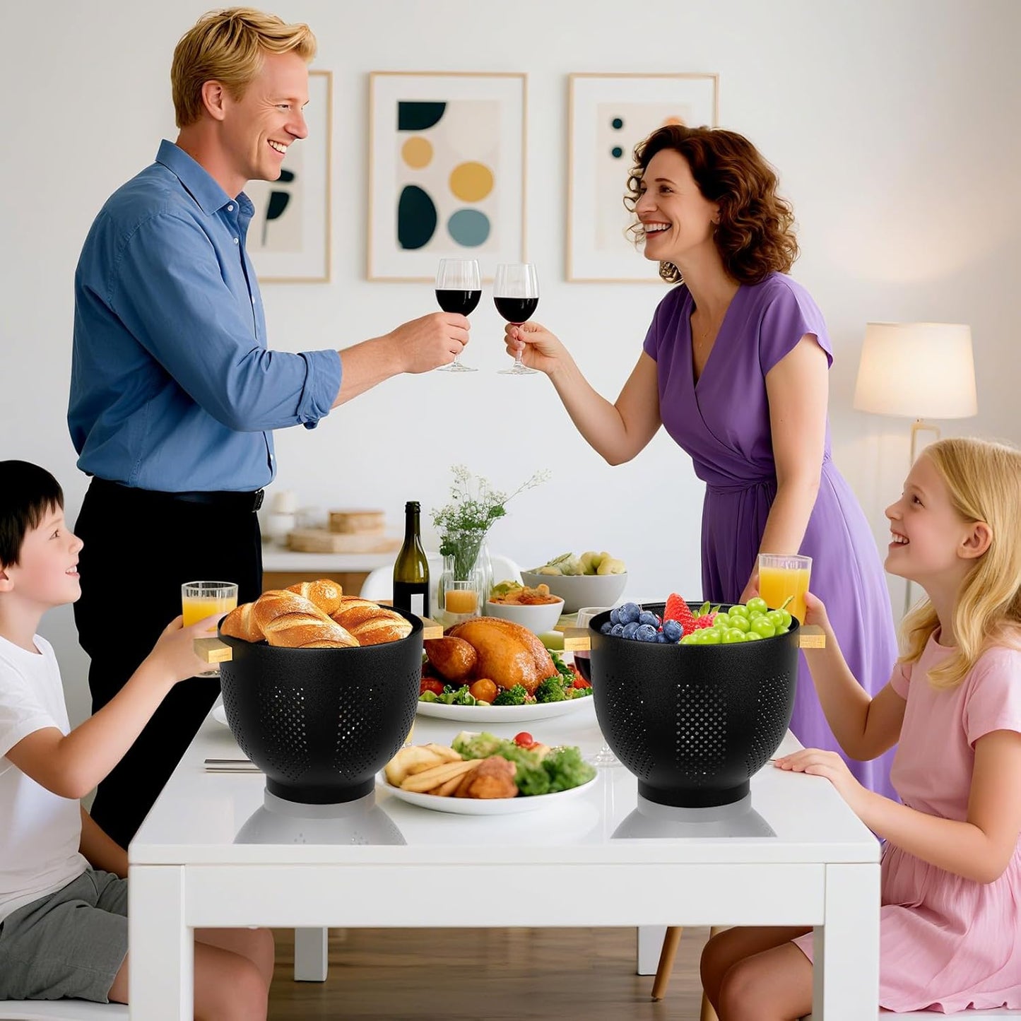 Colander for Kitchen - Strainers and Colanders - 6 Quart Large Metal Colander with Wood Handle - Food Strainer Basket for Draining Pasta, Vegetable & fruit, Kitchen Gadgets Matte Black